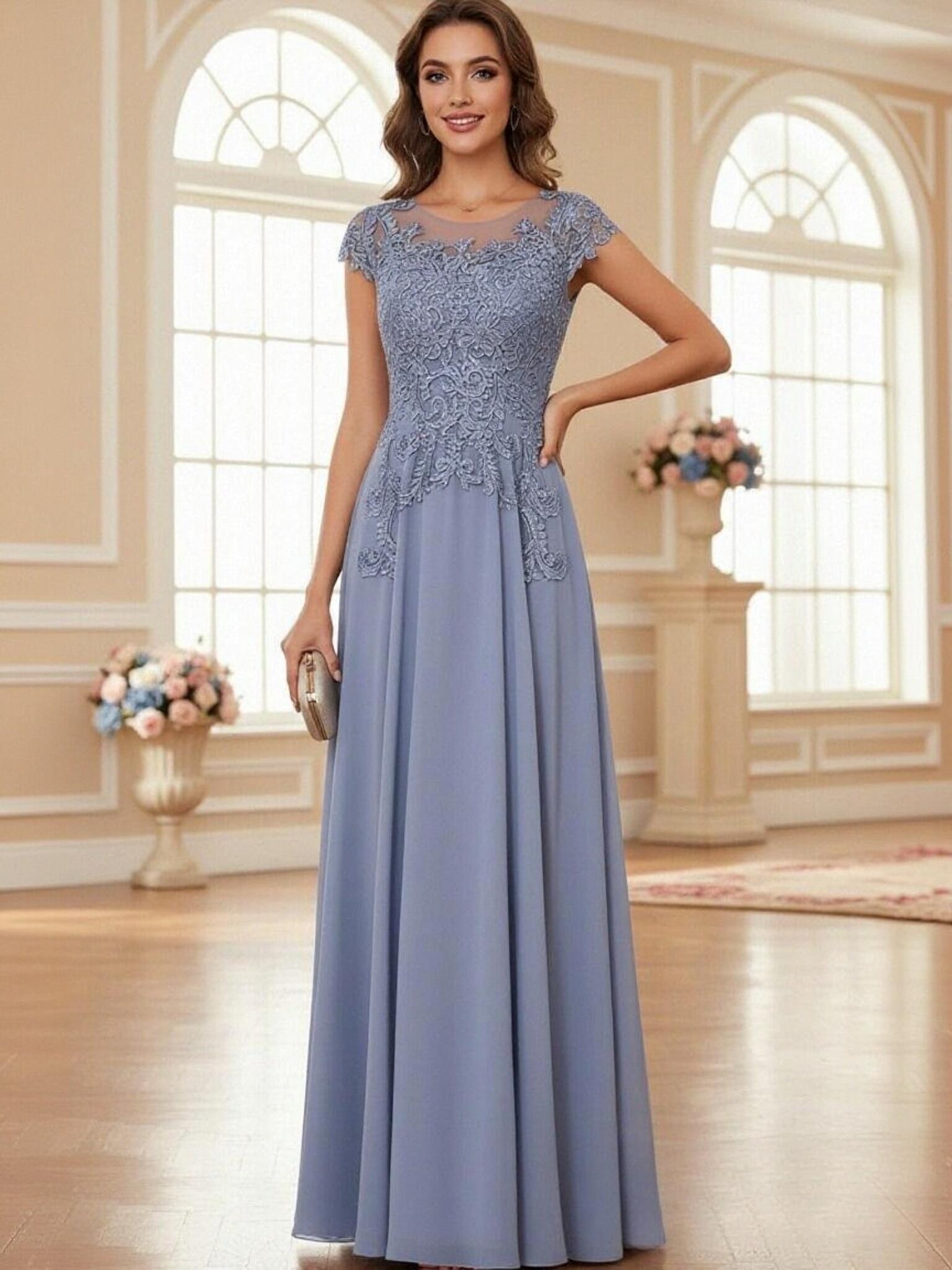 Scoop Neck Cape Sleeves Applique Mother of the Bride Dresses