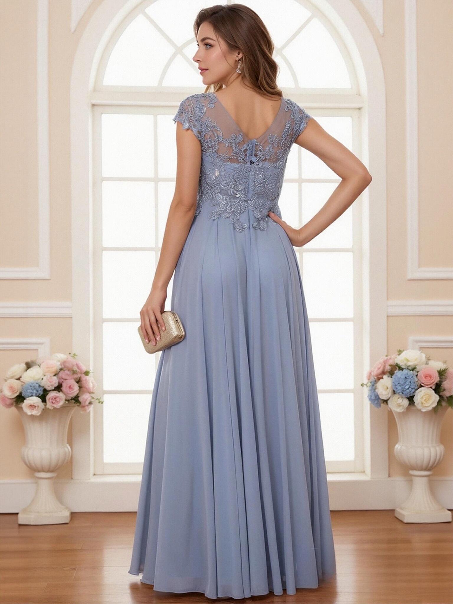 Scoop Neck Cape Sleeves Applique Mother of the Bride Dresses