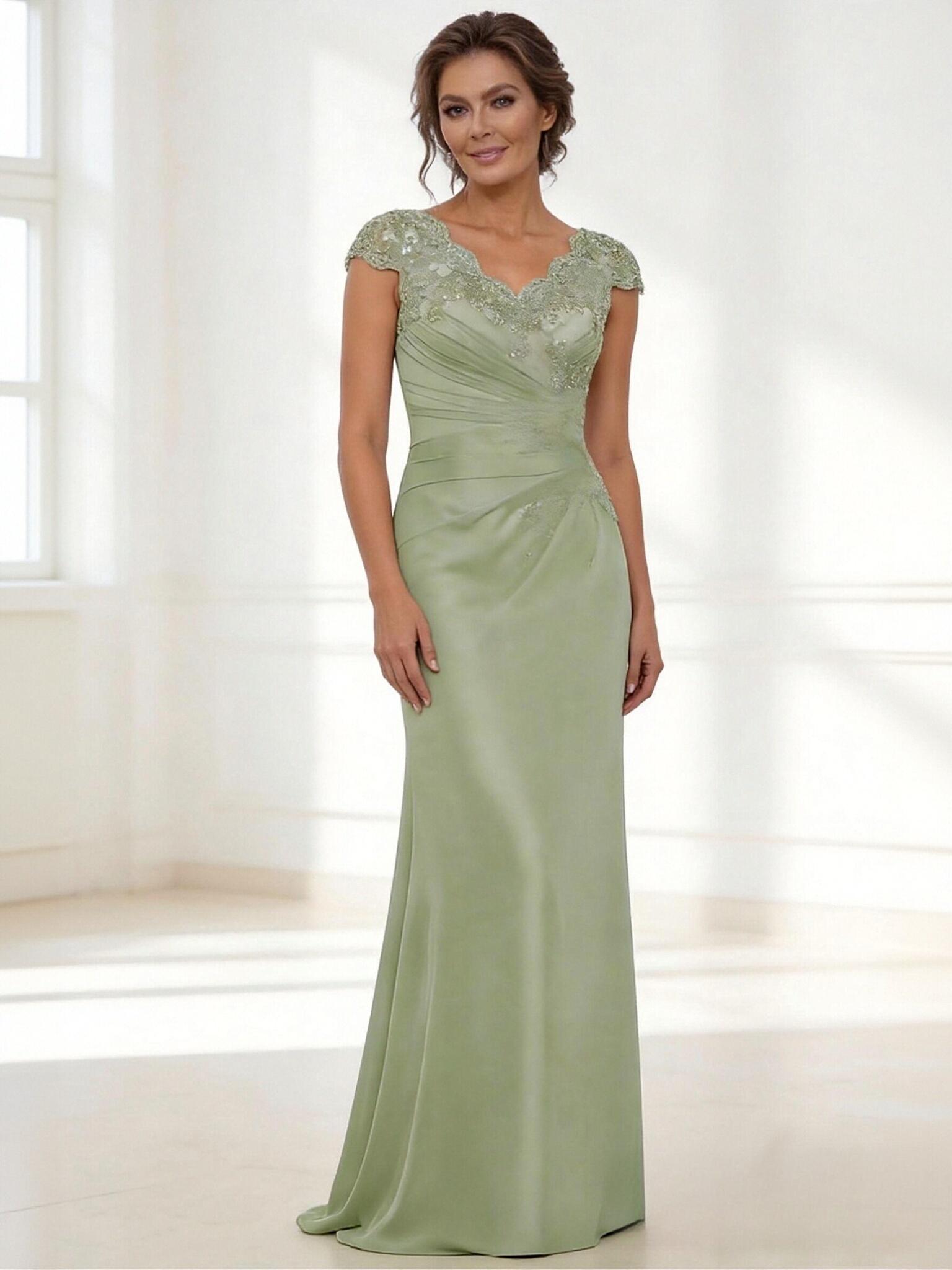 Satin Cape Sleeves Applique Mother of the Bride Dresses