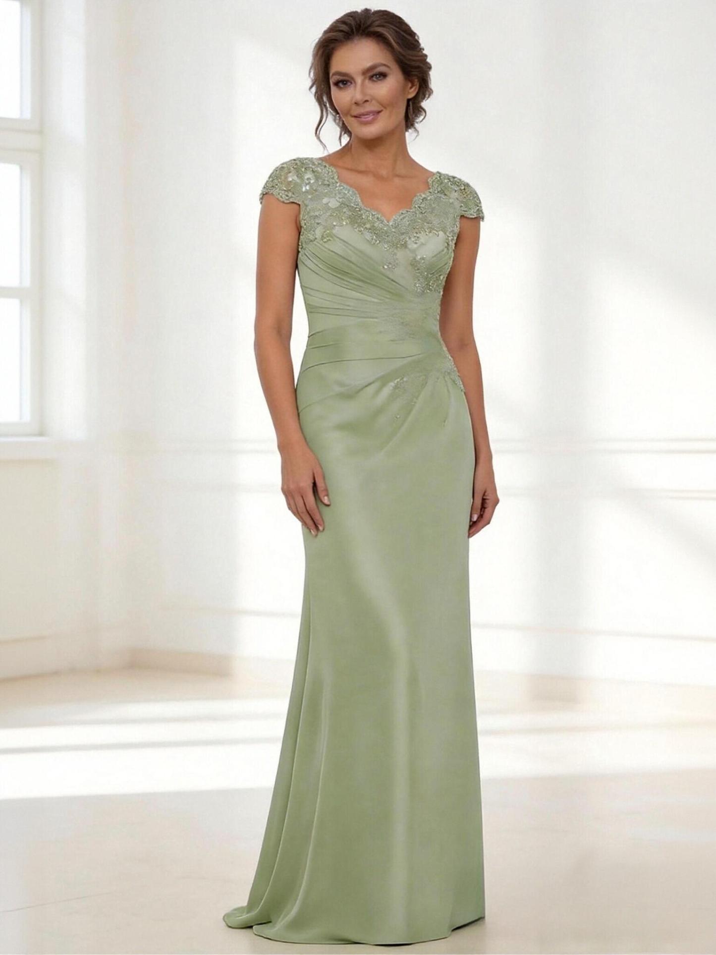Satin Cape Sleeves Applique Mother of the Bride Dresses