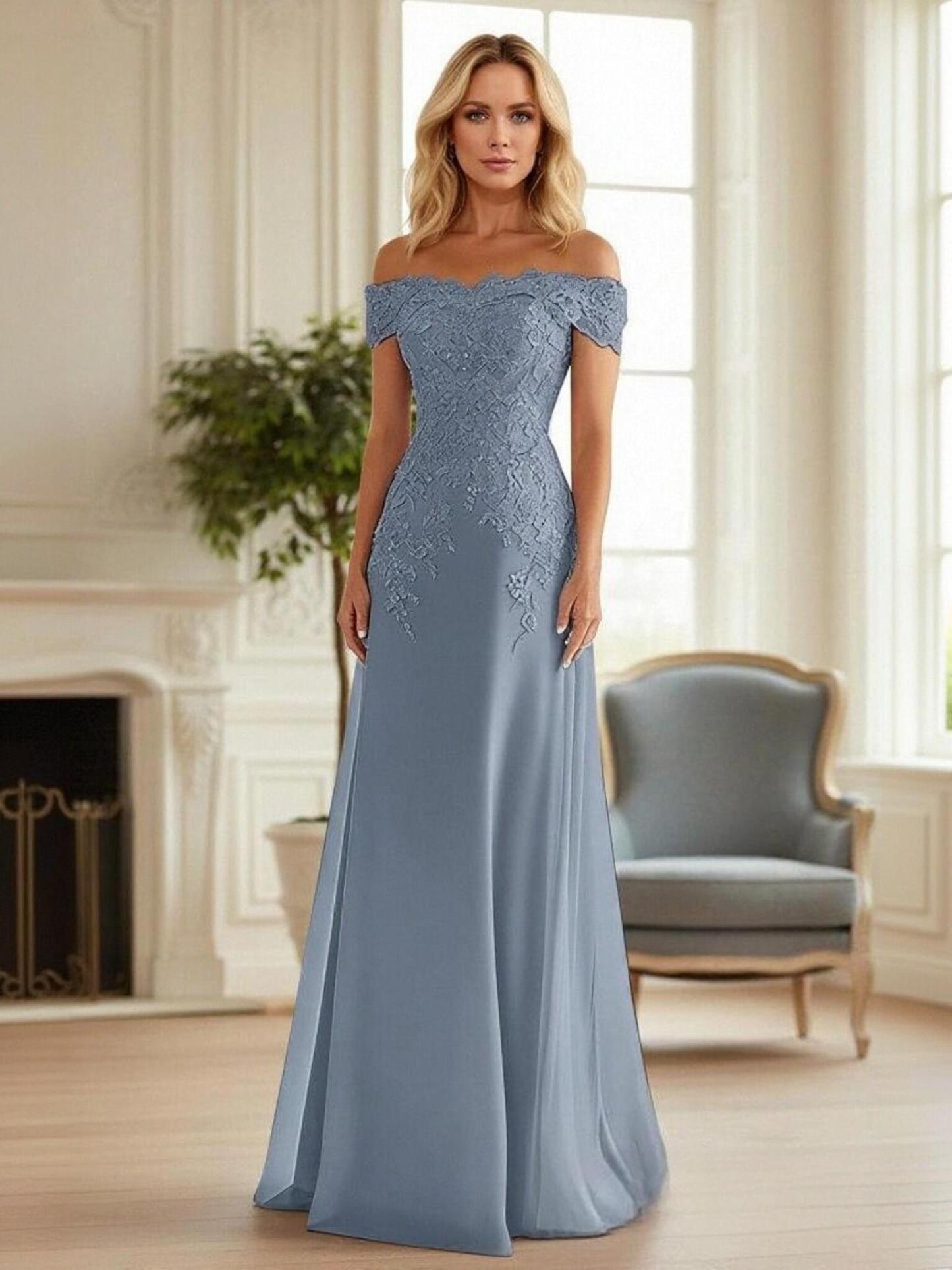 Off Shoulder Chiffon Applique Mother of the Bride Dresses