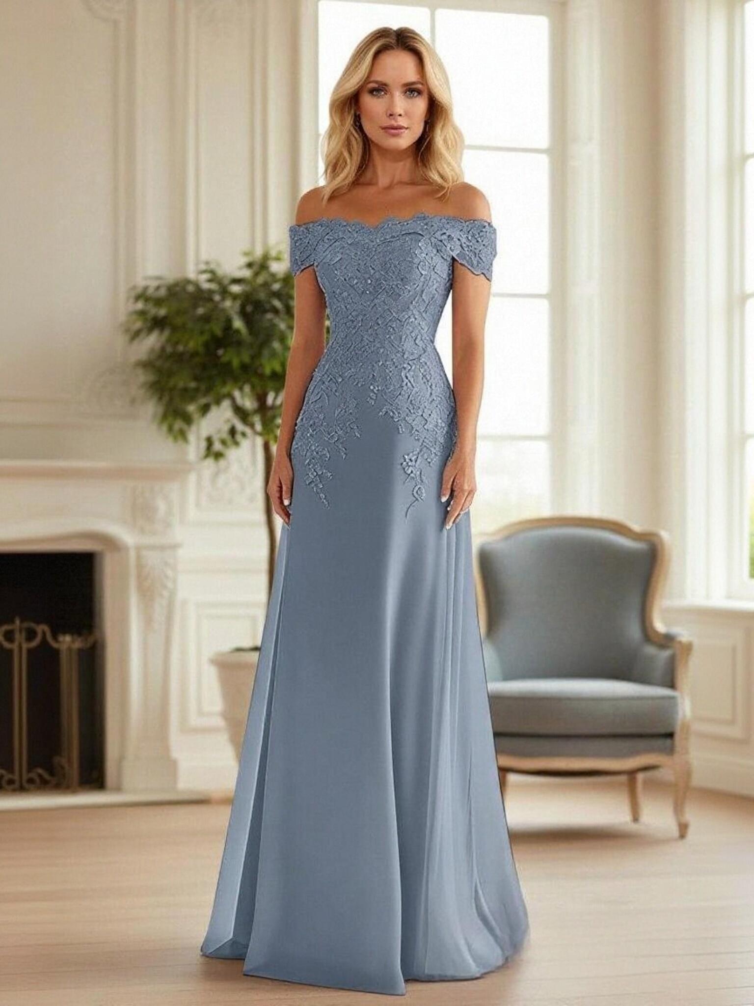 Off Shoulder Chiffon Applique Mother of the Bride Dresses