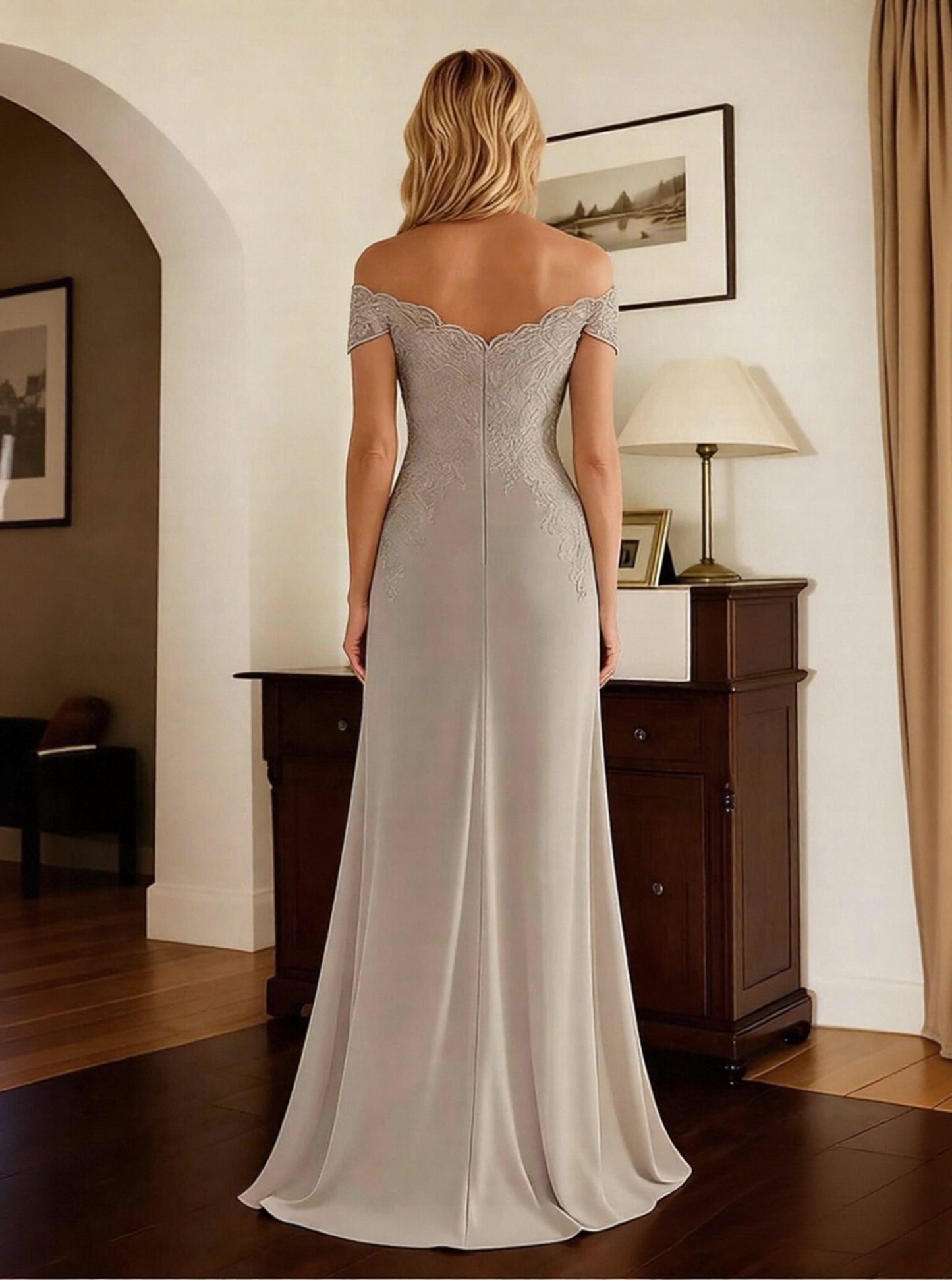 Off Shoulder Chiffon Applique Mother of the Bride Dresses