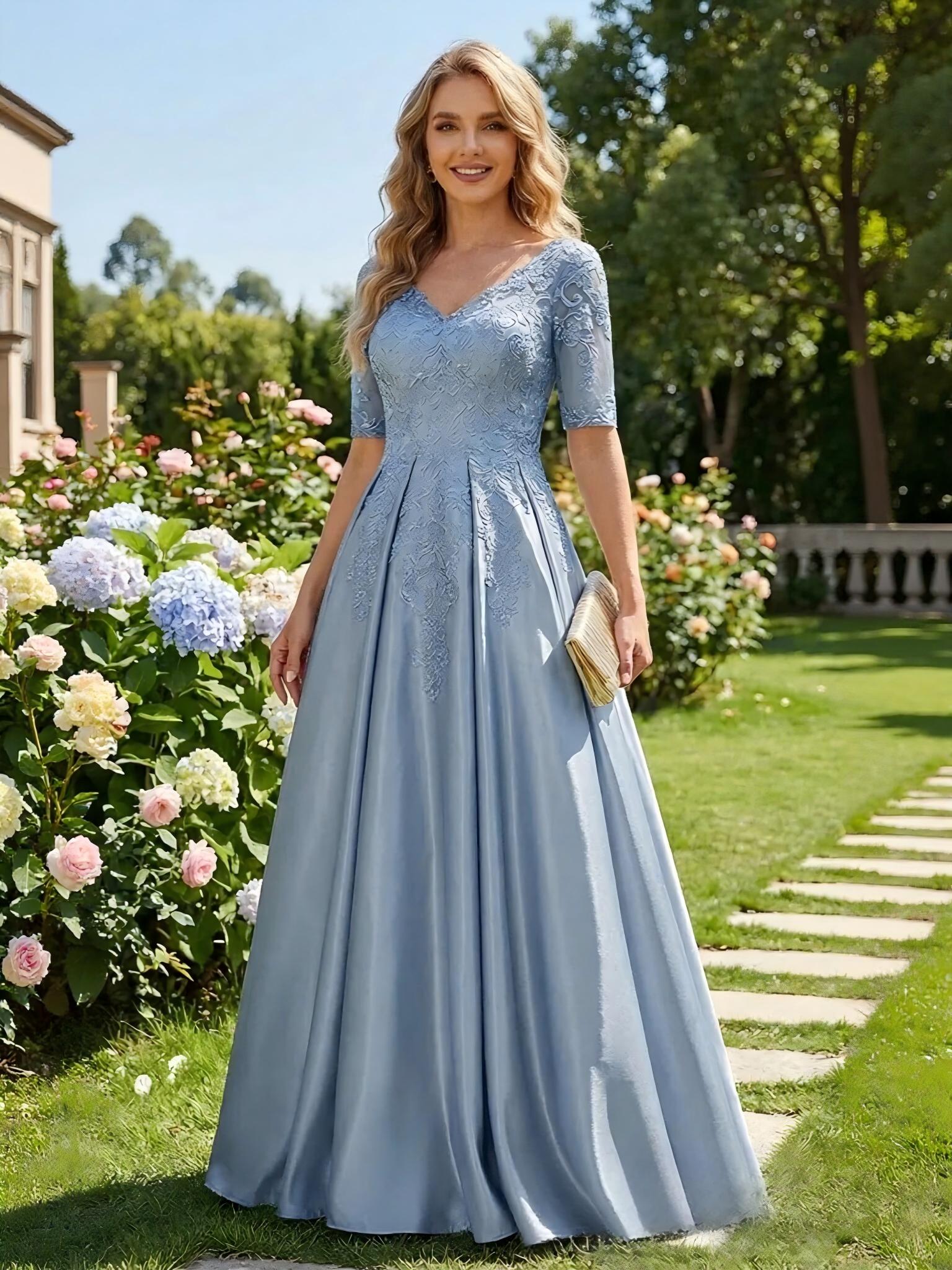 A Line V Neck Satin Applique Mother of the Bride Dresses