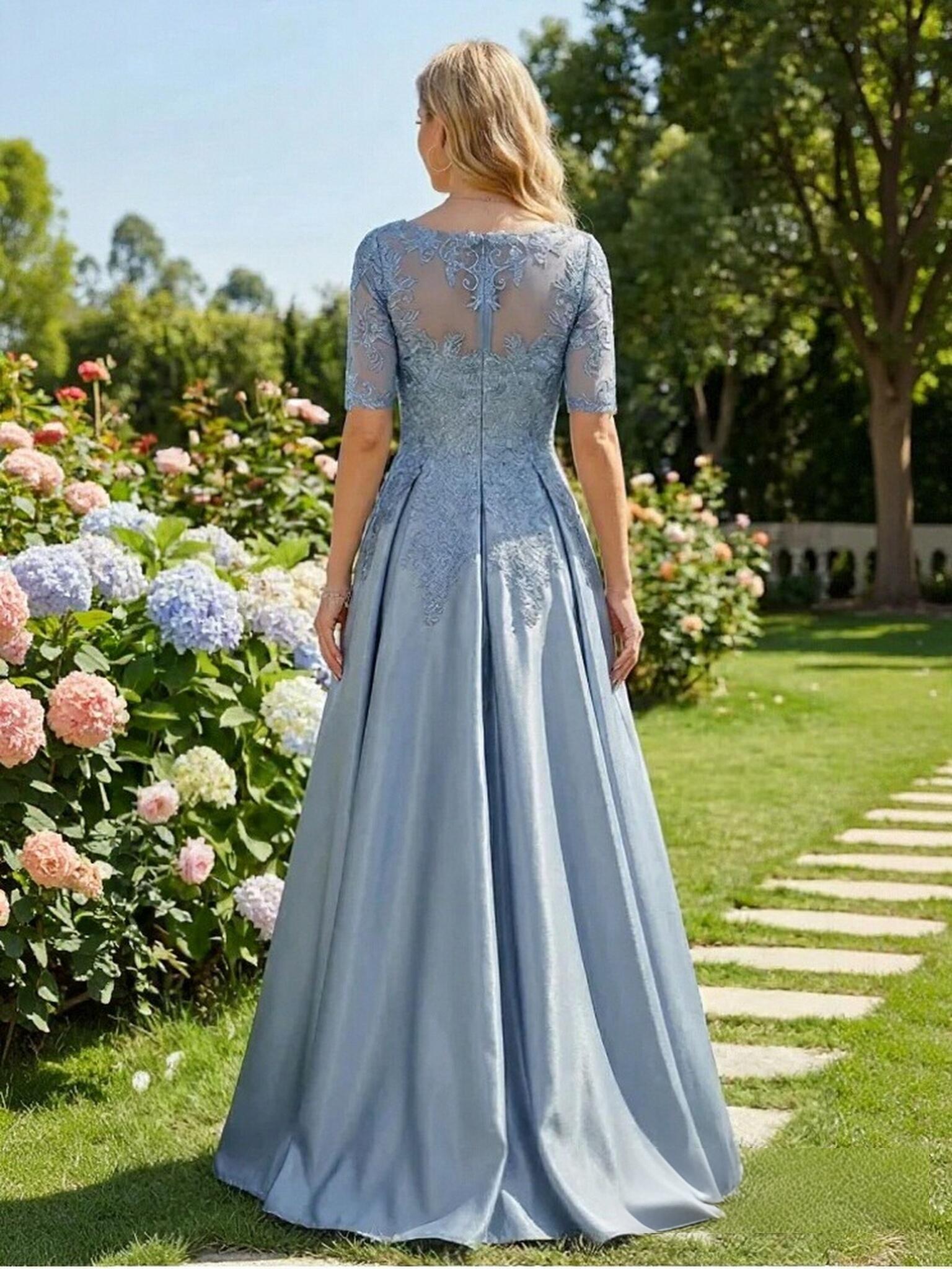 A Line V Neck Satin Applique Mother of the Bride Dresses