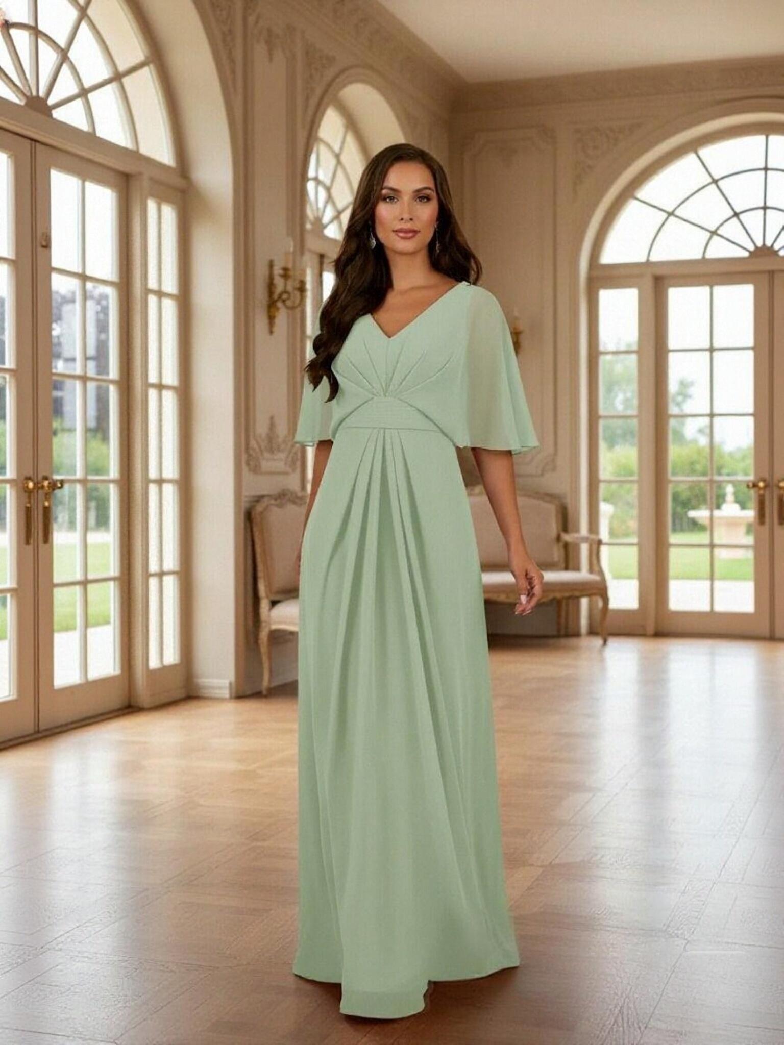 A Line V Neck Chiffon Pleated Mother of the Bride Dresses