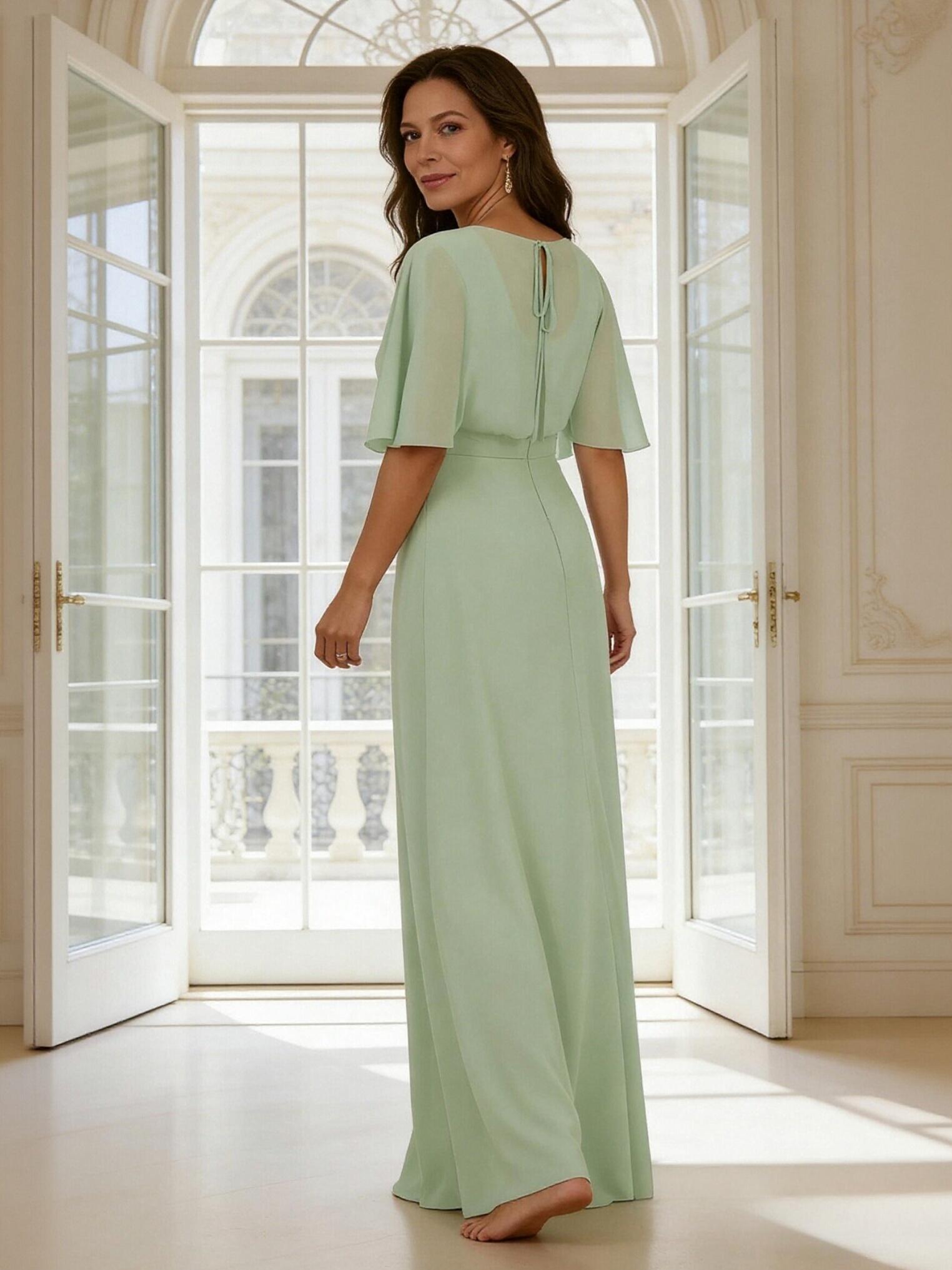 A Line V Neck Chiffon Pleated Mother of the Bride Dresses