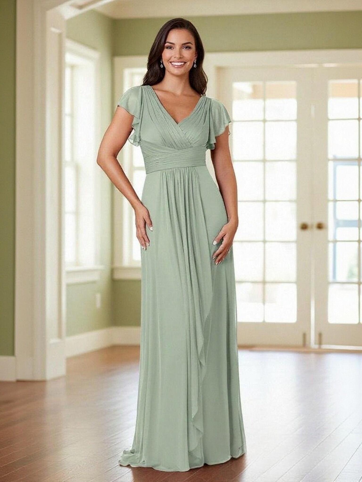 A Line V Neck Chiffon Pleated Mother of the Bride Dresses