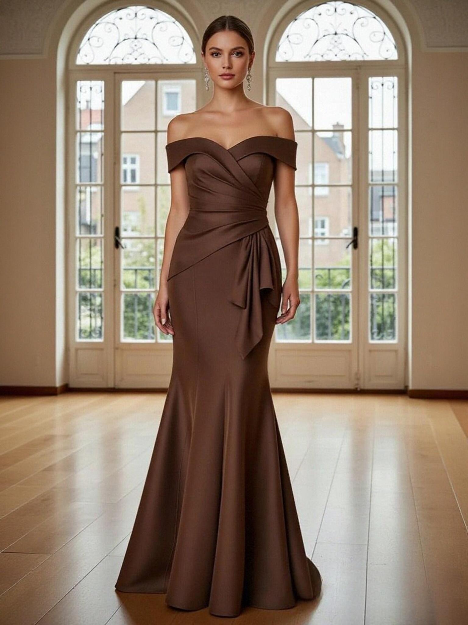 Off Shoulder Satin Ruched Mother of the Bride Dresses