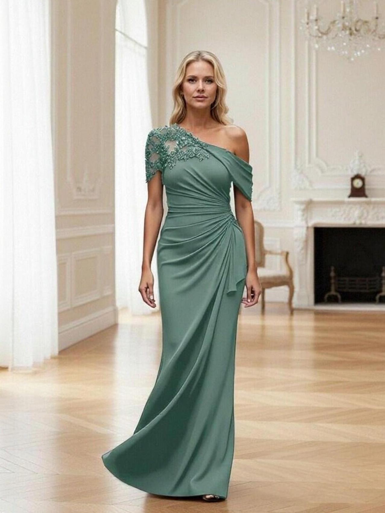 One Shoulder Satin Lace Applique Mother of the Bride Dresses