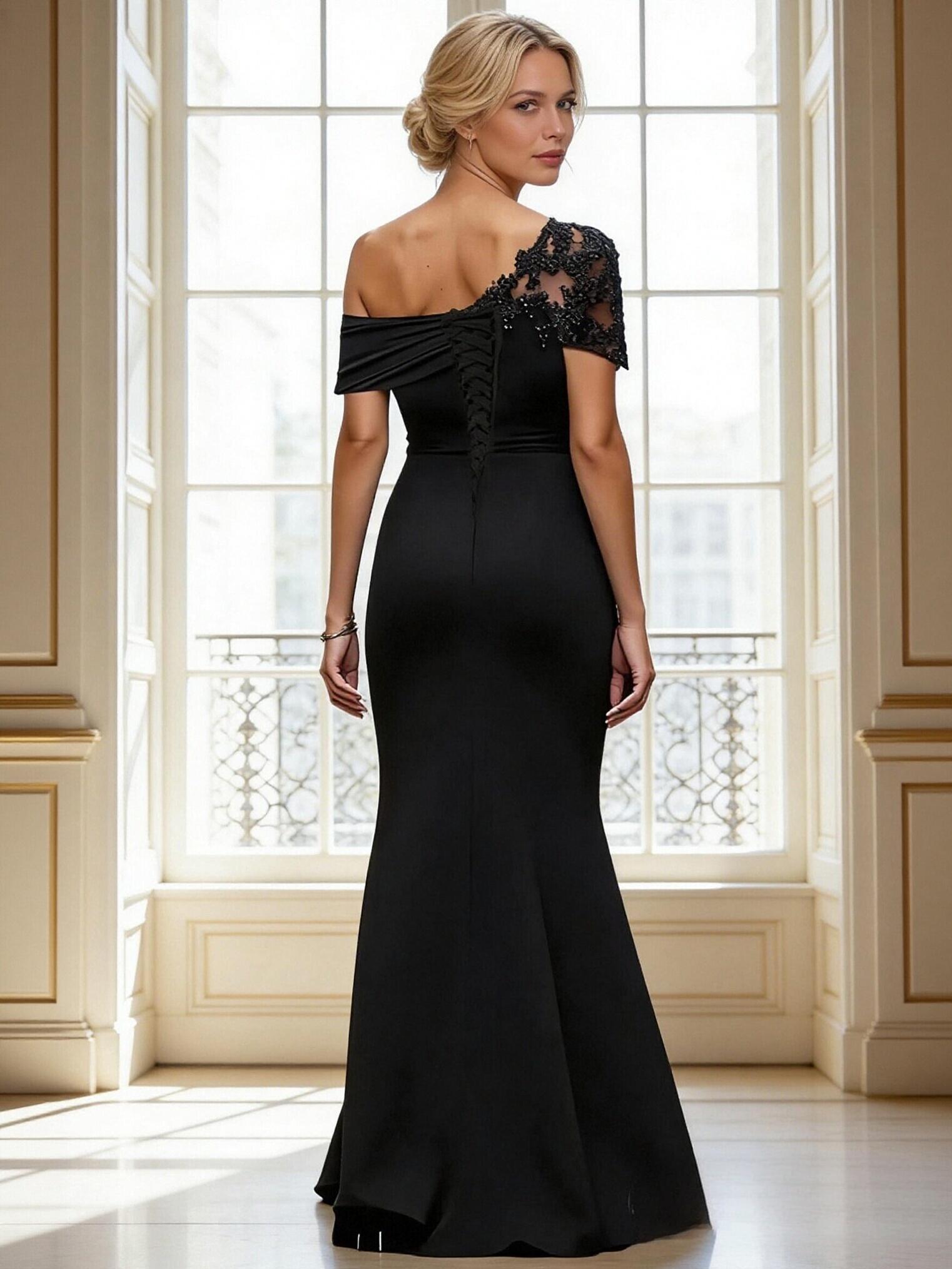 One Shoulder Satin Lace Applique Mother of the Bride Dresses