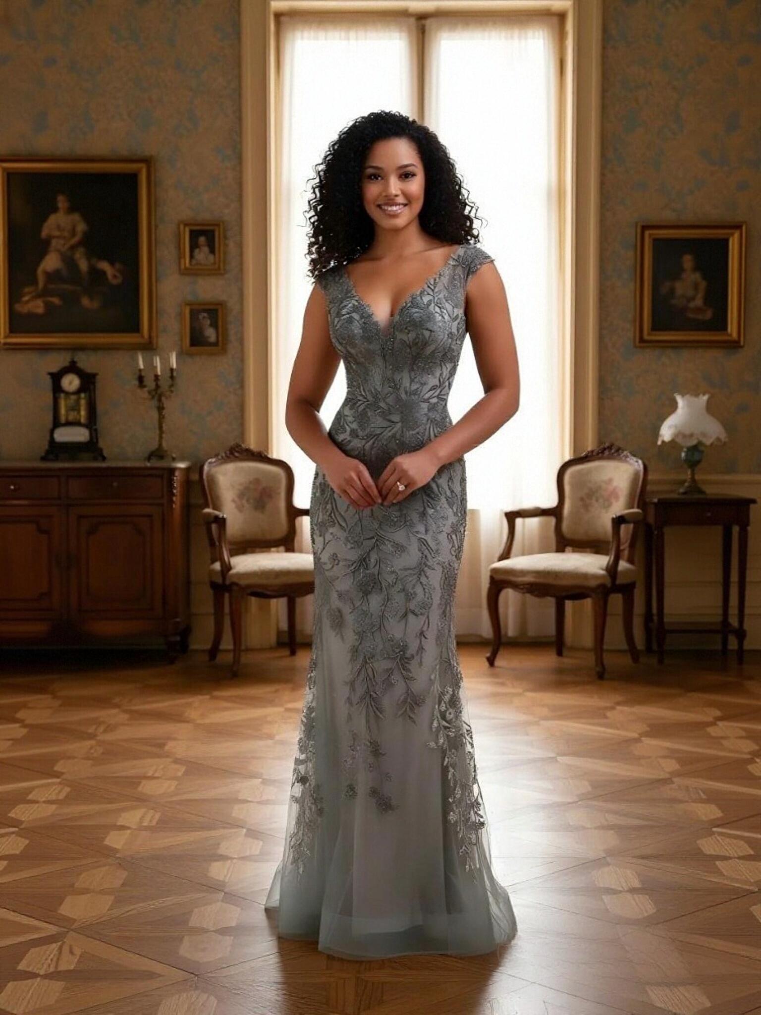 V Neck Tulle Mother of the Bride Dresses Leaf Appliques