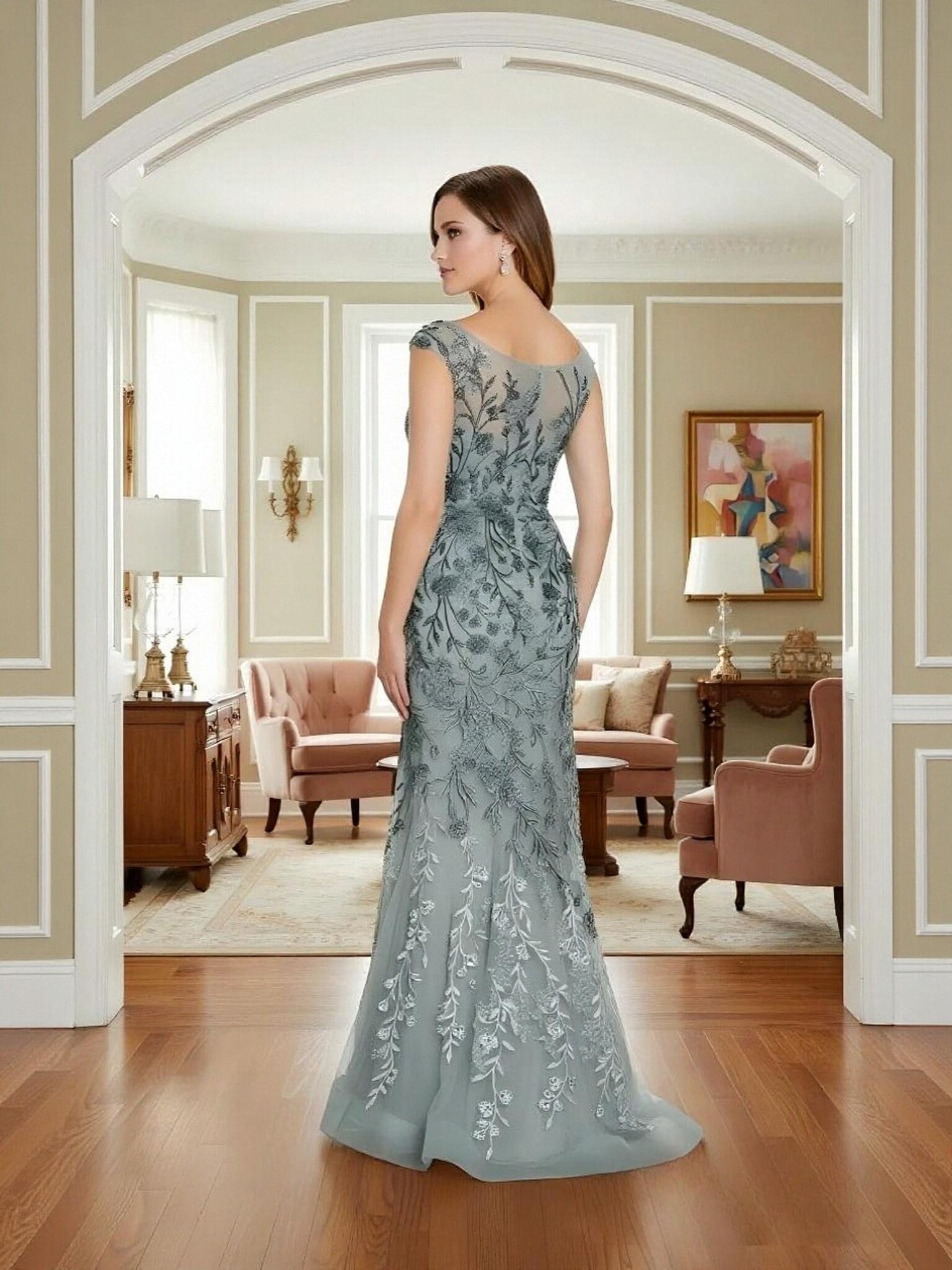 V Neck Tulle Mother of the Bride Dresses Leaf Appliques