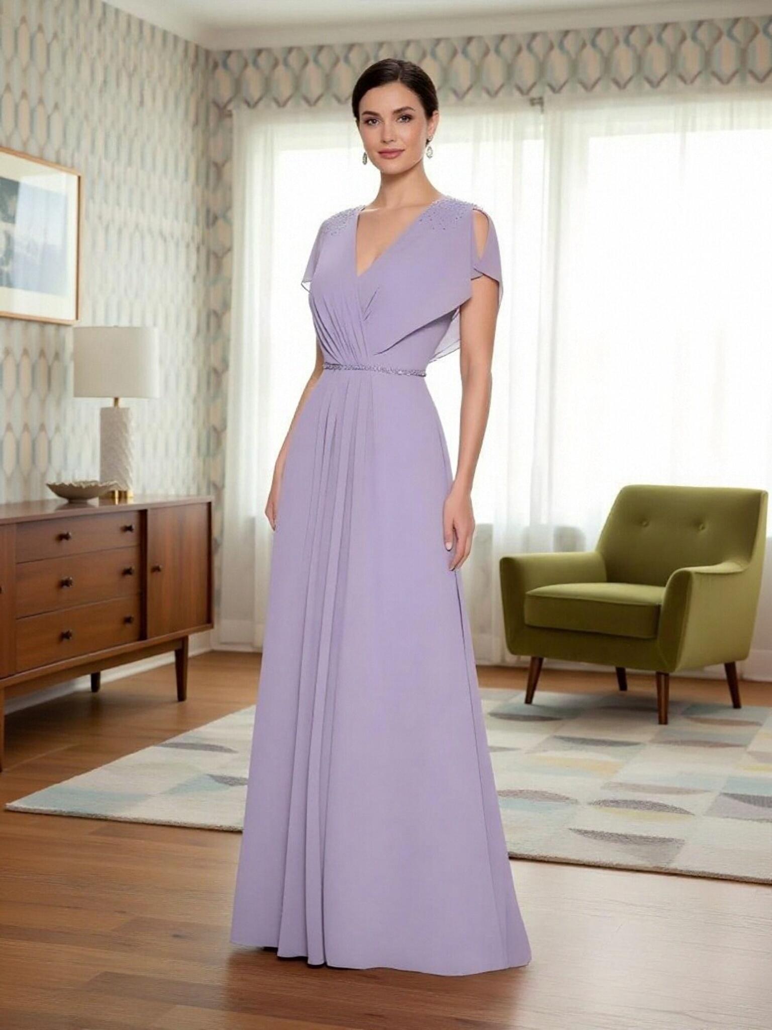 Chiffon Cape Sleeves Beaded Mother of the Bride Dresses