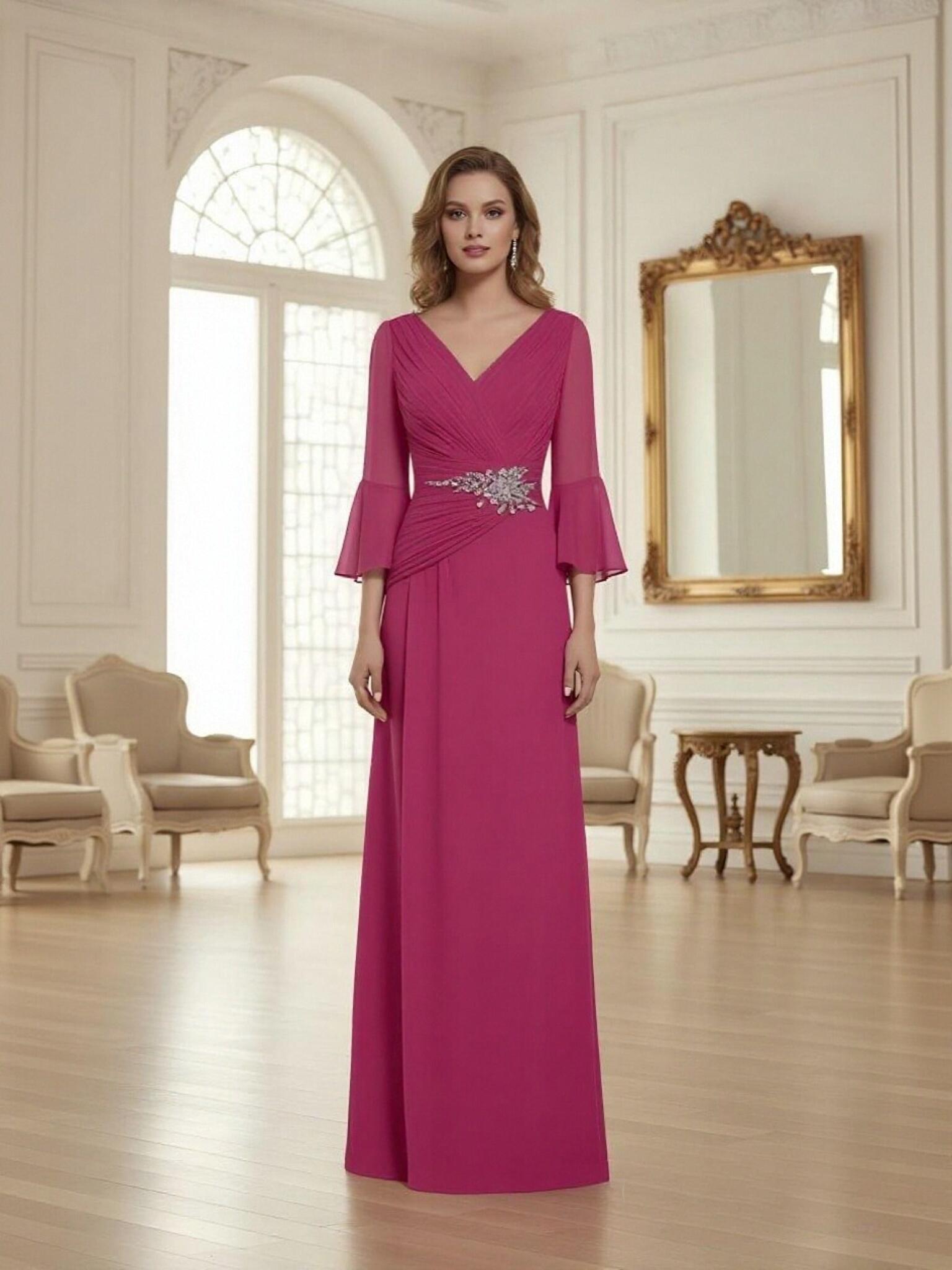 Chiffon 3/4 Sleeves Beaded Mother of the Bride Dresses