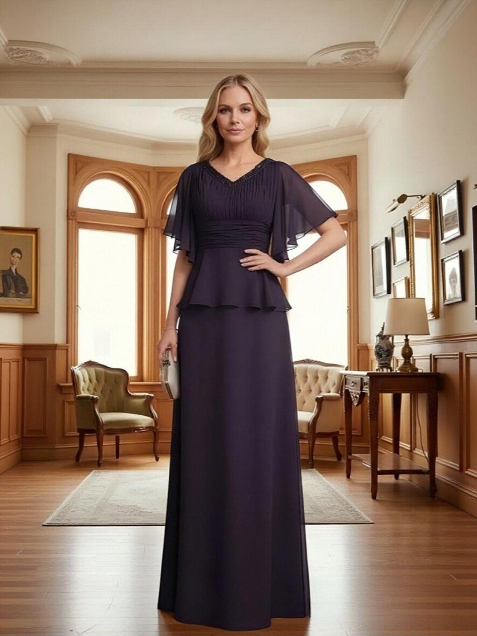 A Line V Neck Chiffon Beaded Mother of the Bride Dresses