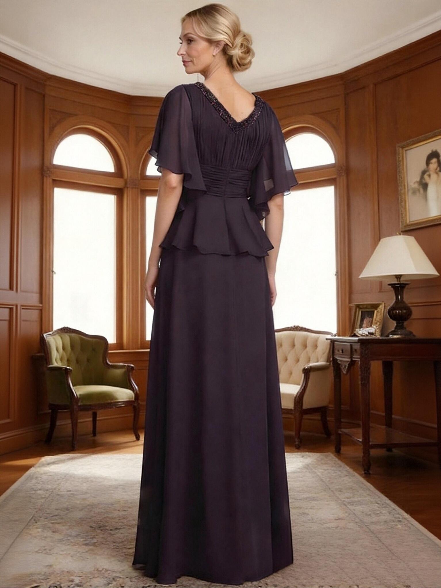 A Line V Neck Chiffon Beaded Mother of the Bride Dresses