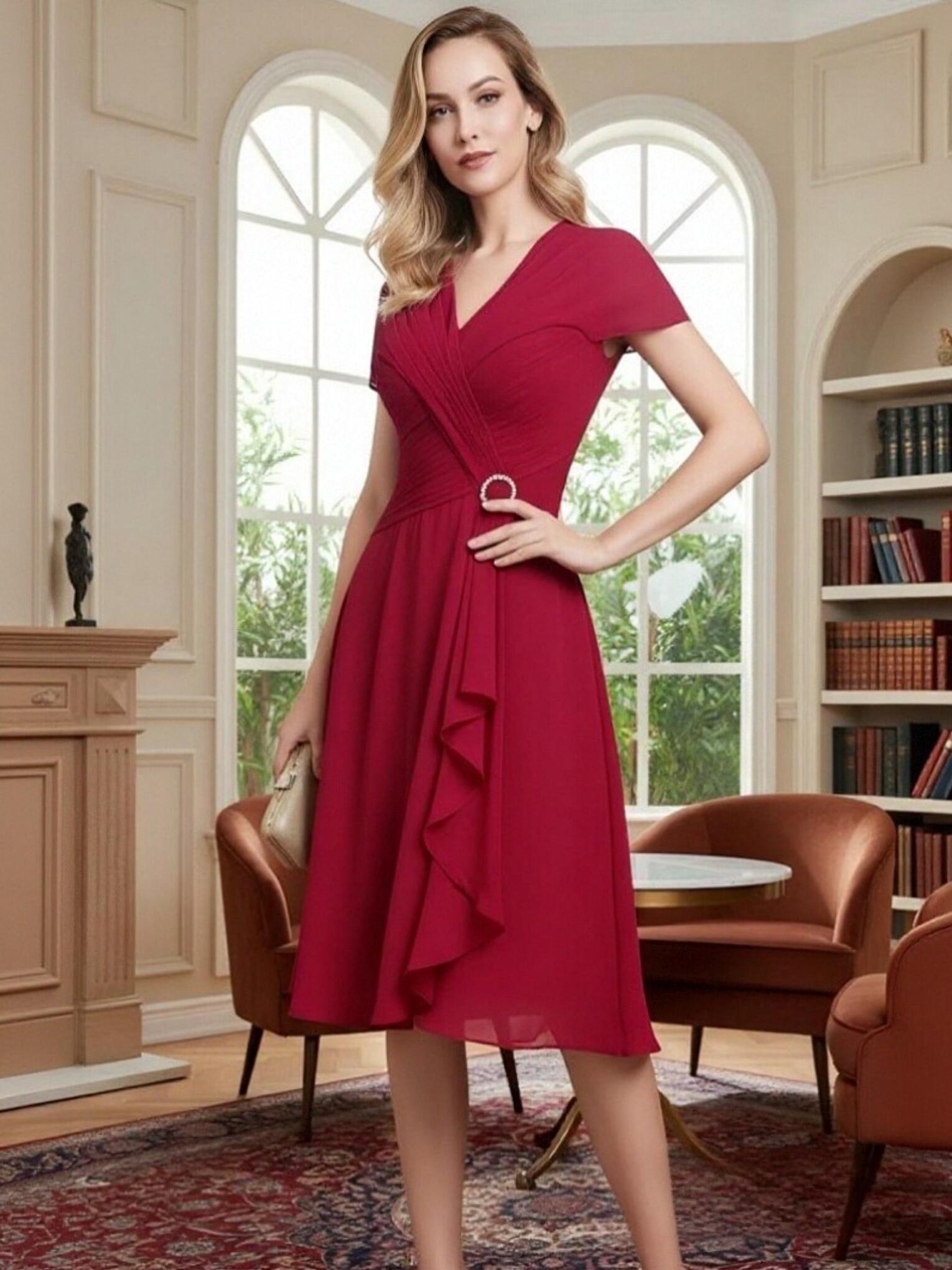 A Line V Neck Chiffon Ruffles Mother of the Bride Dresses