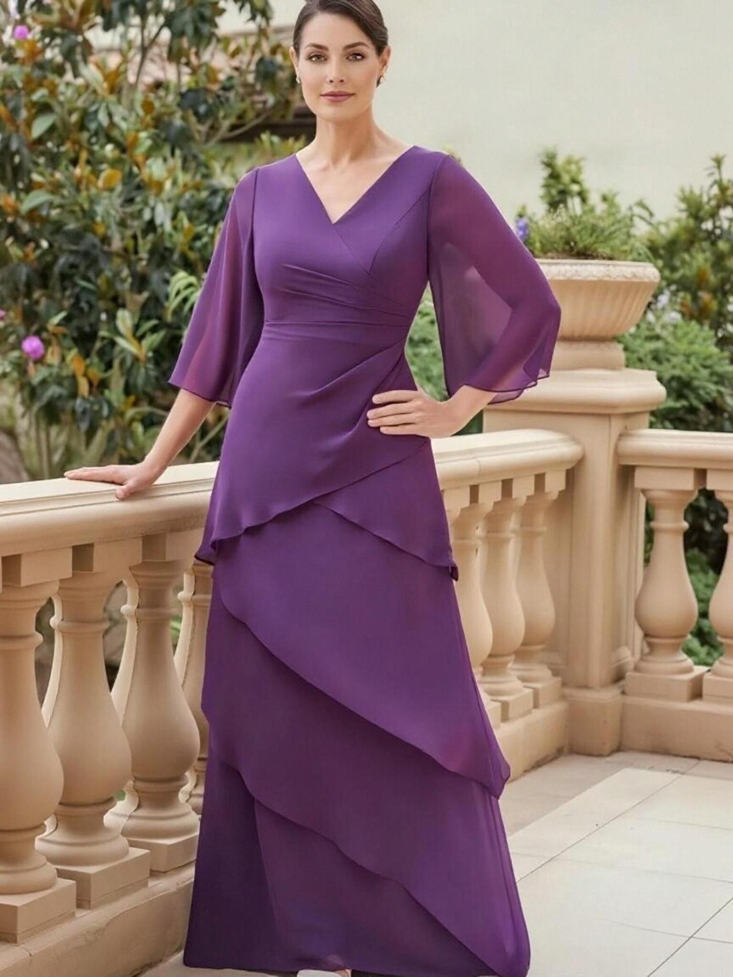 A Line V Neck Chiffon Tiered Mother of the Bride Dresses