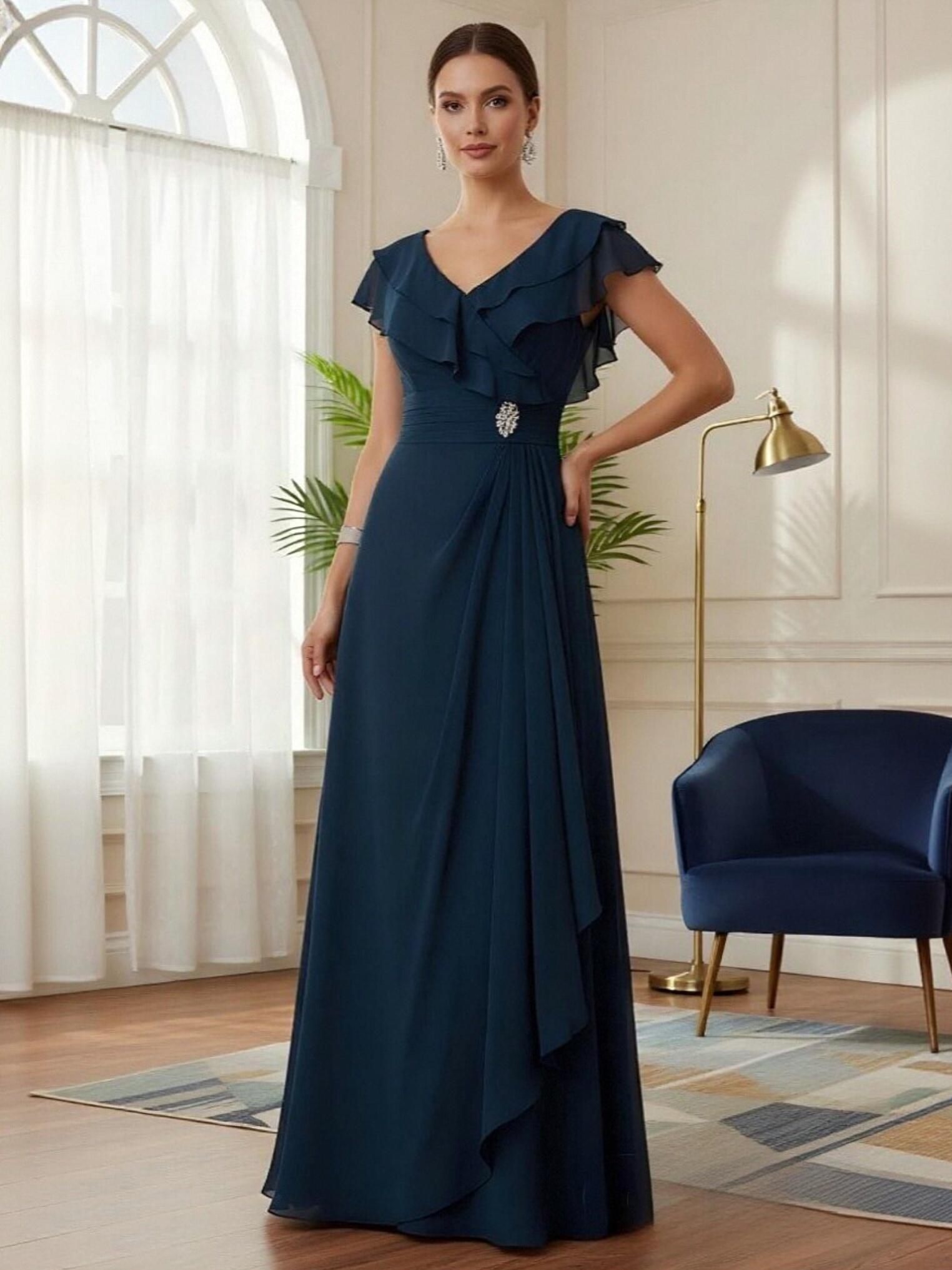 V Neck Chiffon Ruffles Tiered Mother of the Bride Dresses