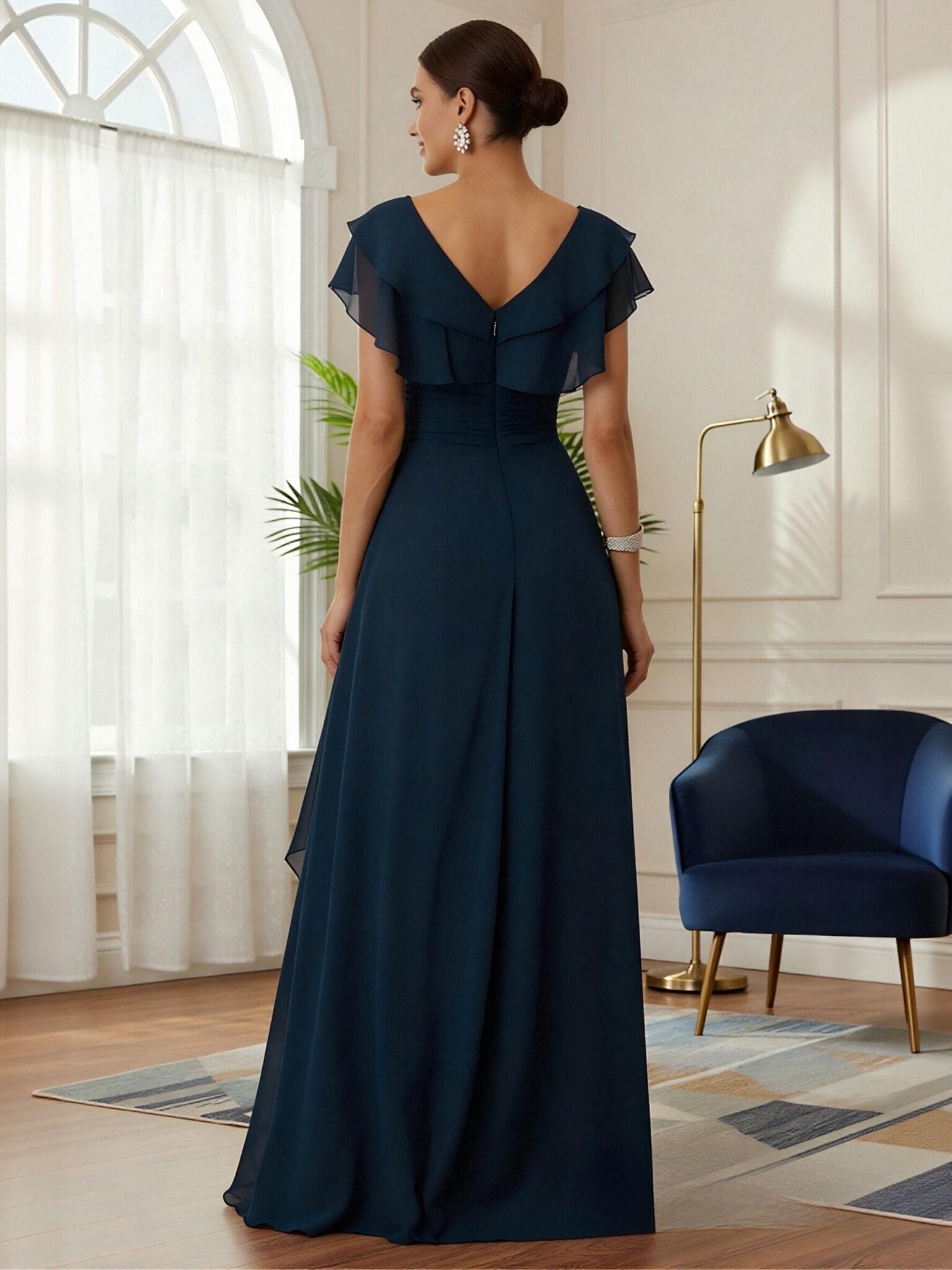 V Neck Chiffon Ruffles Tiered Mother of the Bride Dresses