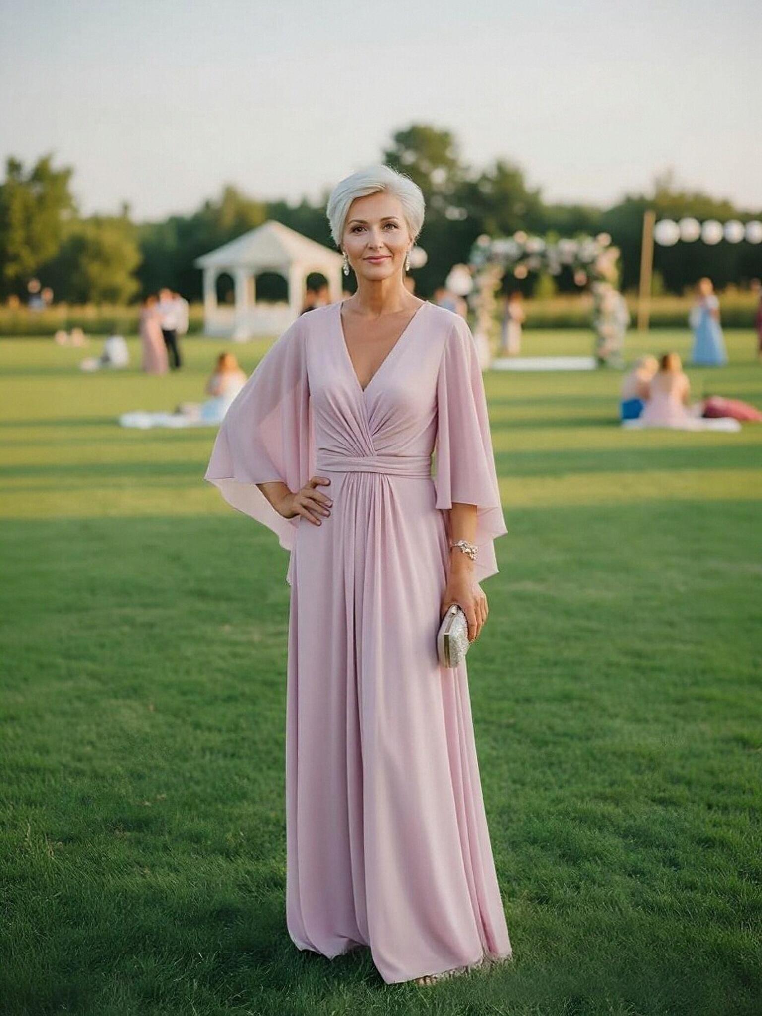 A Line V Neck Chiffon Pleated Mother of the Bride Dresses