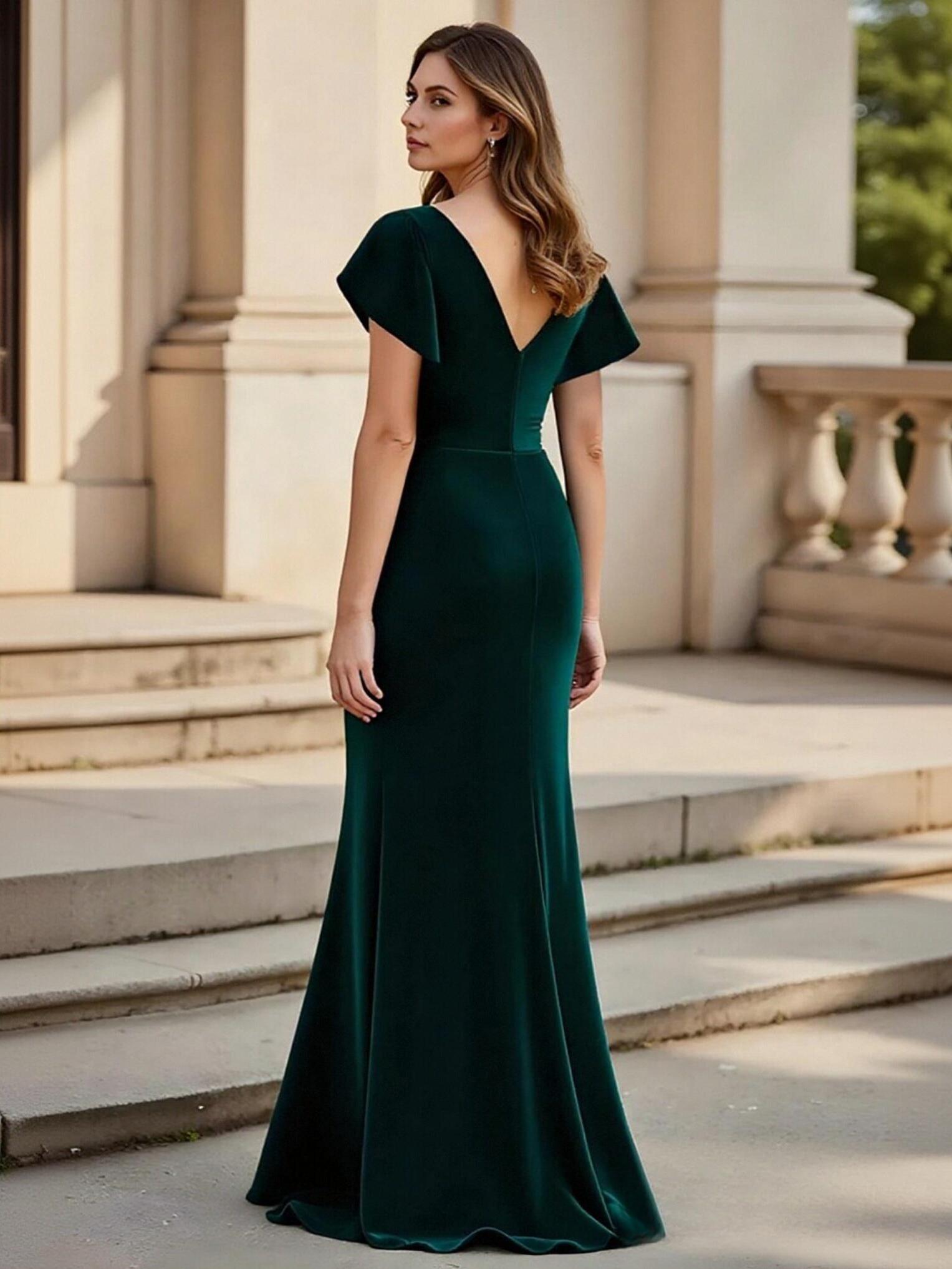 V Neck Velvet Short Sleeves Mother of the Bride Dresses