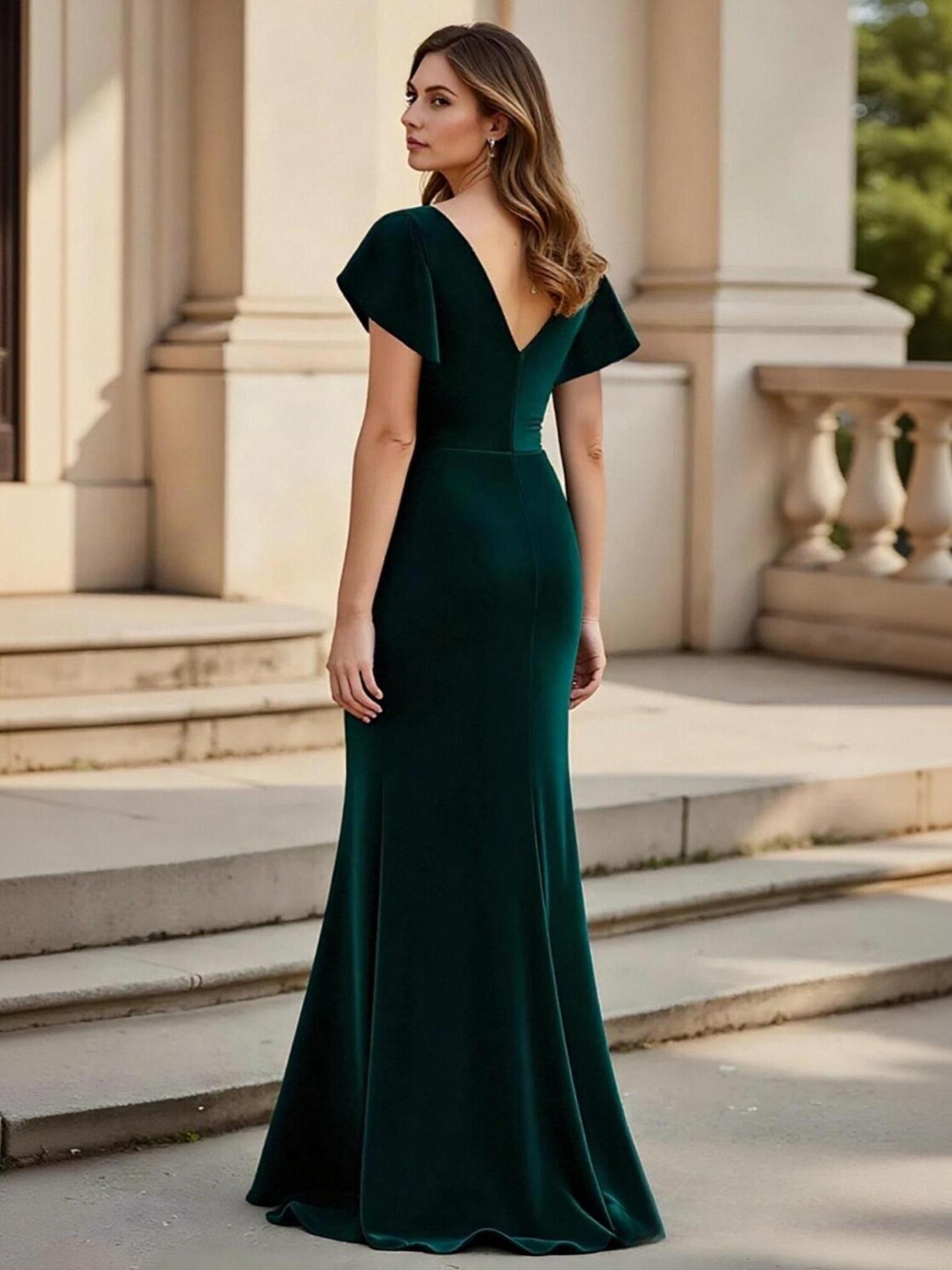 V Neck Velvet Short Sleeves Mother of the Bride Dresses