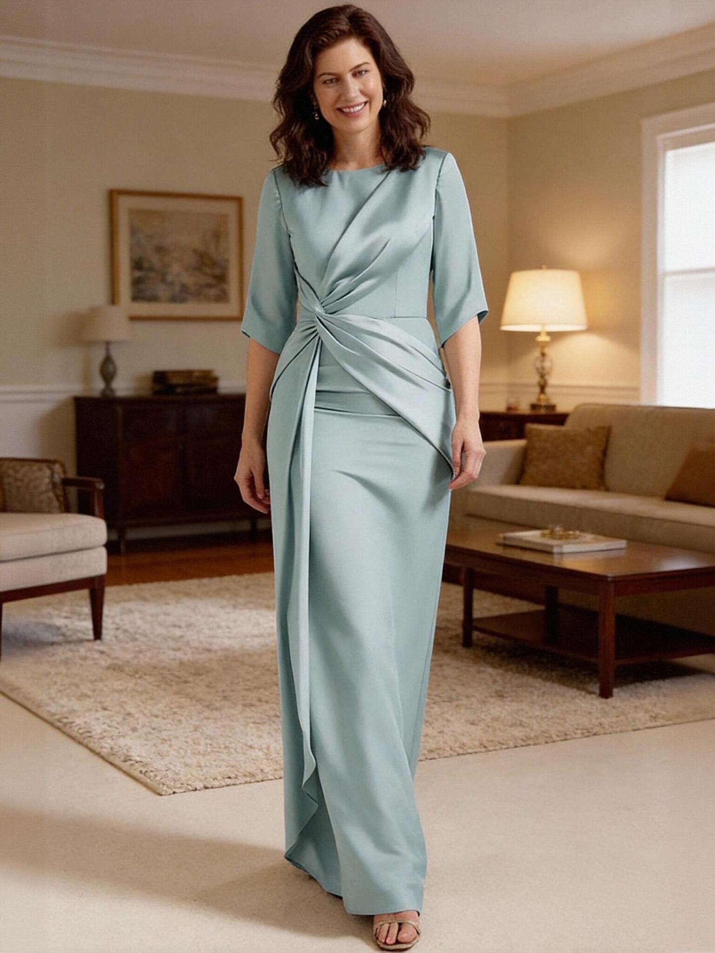 Scoop Neck Satin Pleated Mother of the Bride Dresses