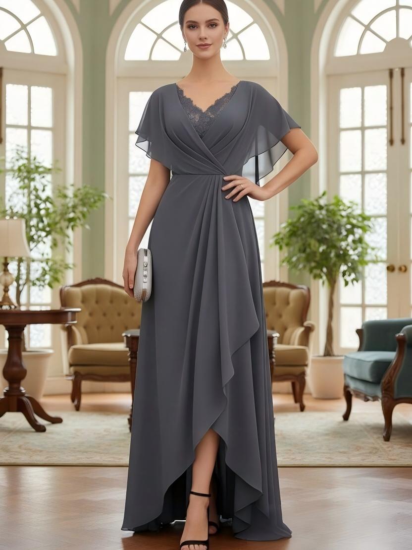 A Line V Neck Chiffon Short Sleeves Lace Mother of the Bride Dresses