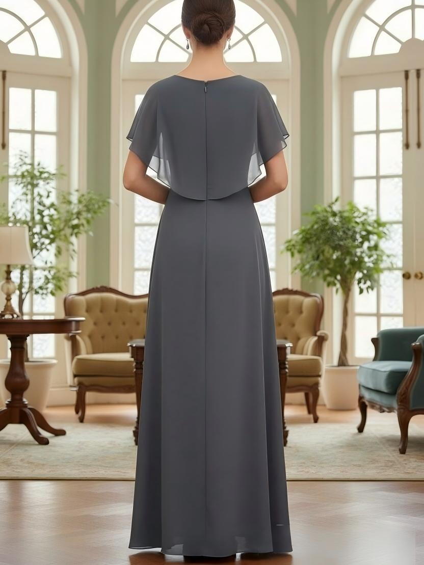 A Line V Neck Chiffon Short Sleeves Lace Mother of the Bride Dresses