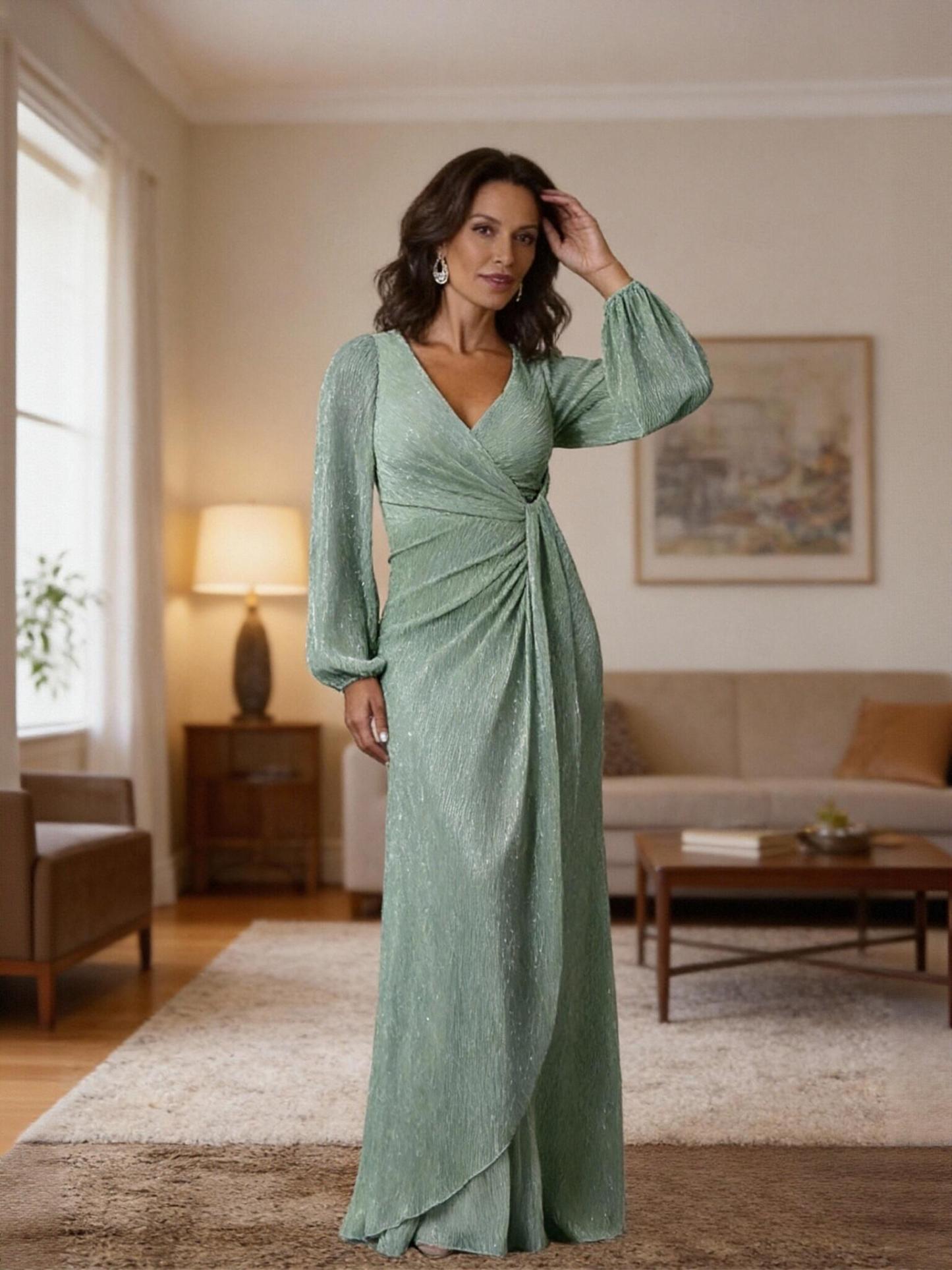 V Neck Glitter Tulle Long Sleeves Mother of the Bride Dresses