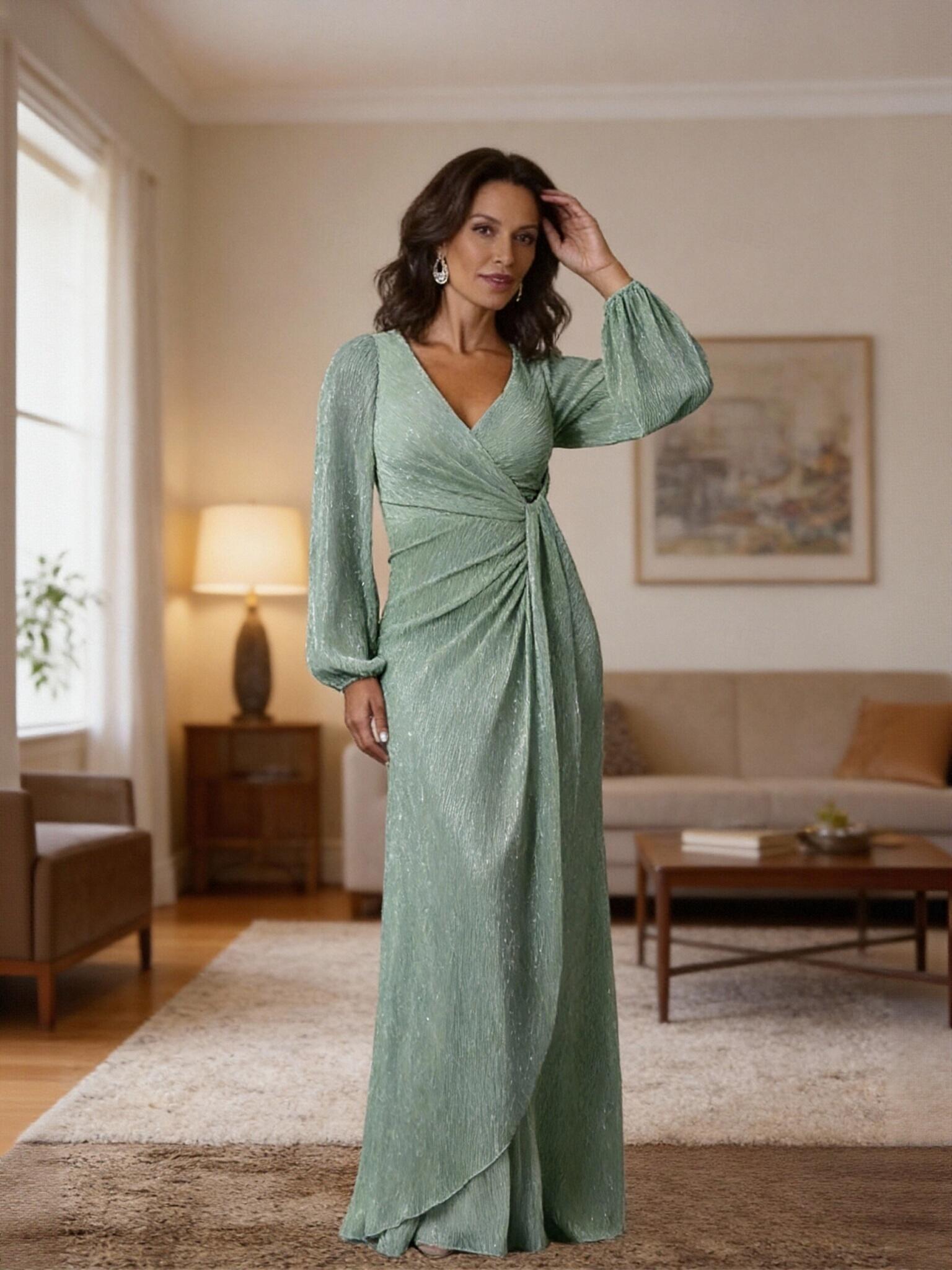 V Neck Glitter Tulle Long Sleeves Mother of the Bride Dresses