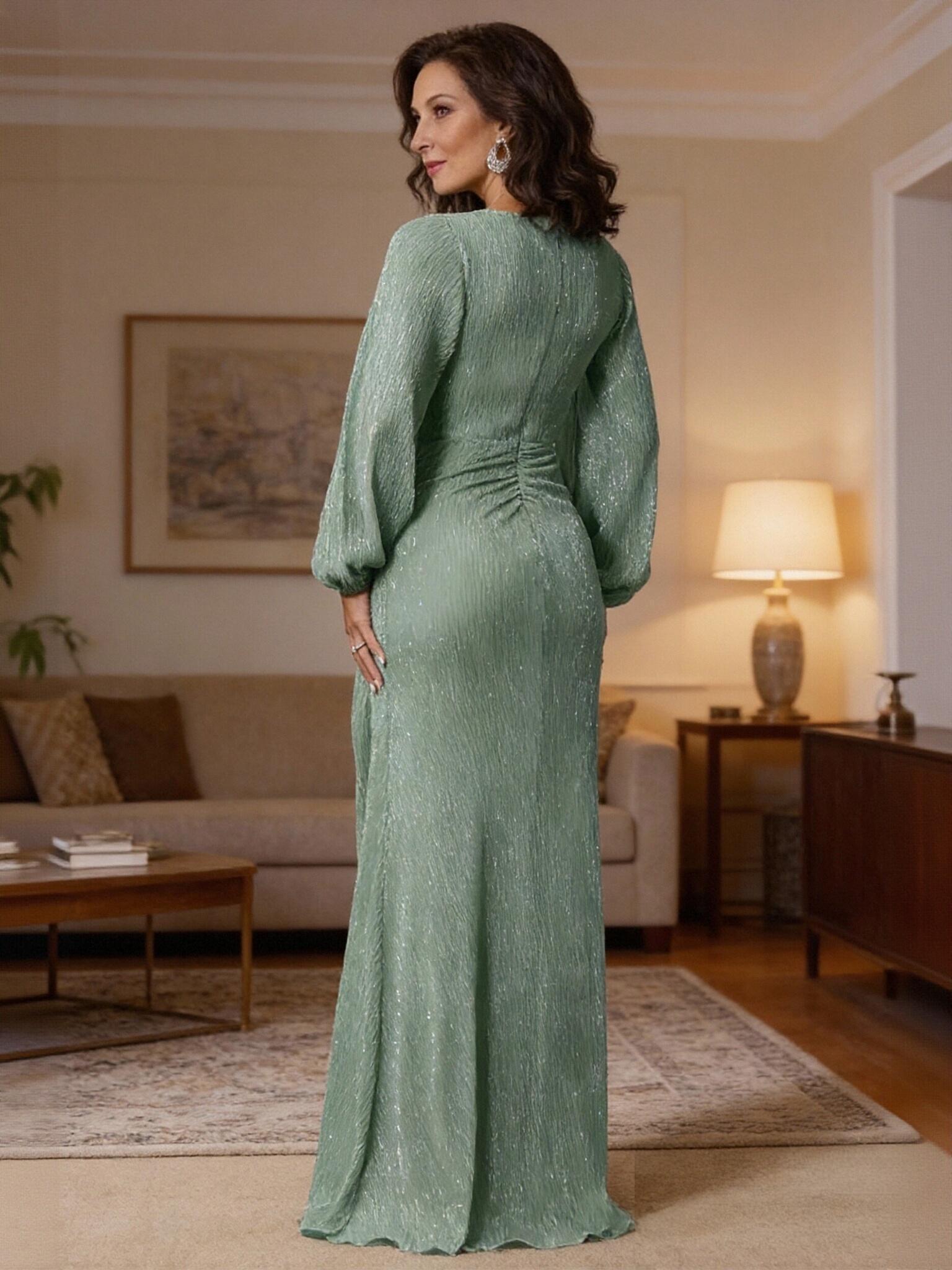 V Neck Glitter Tulle Long Sleeves Mother of the Bride Dresses