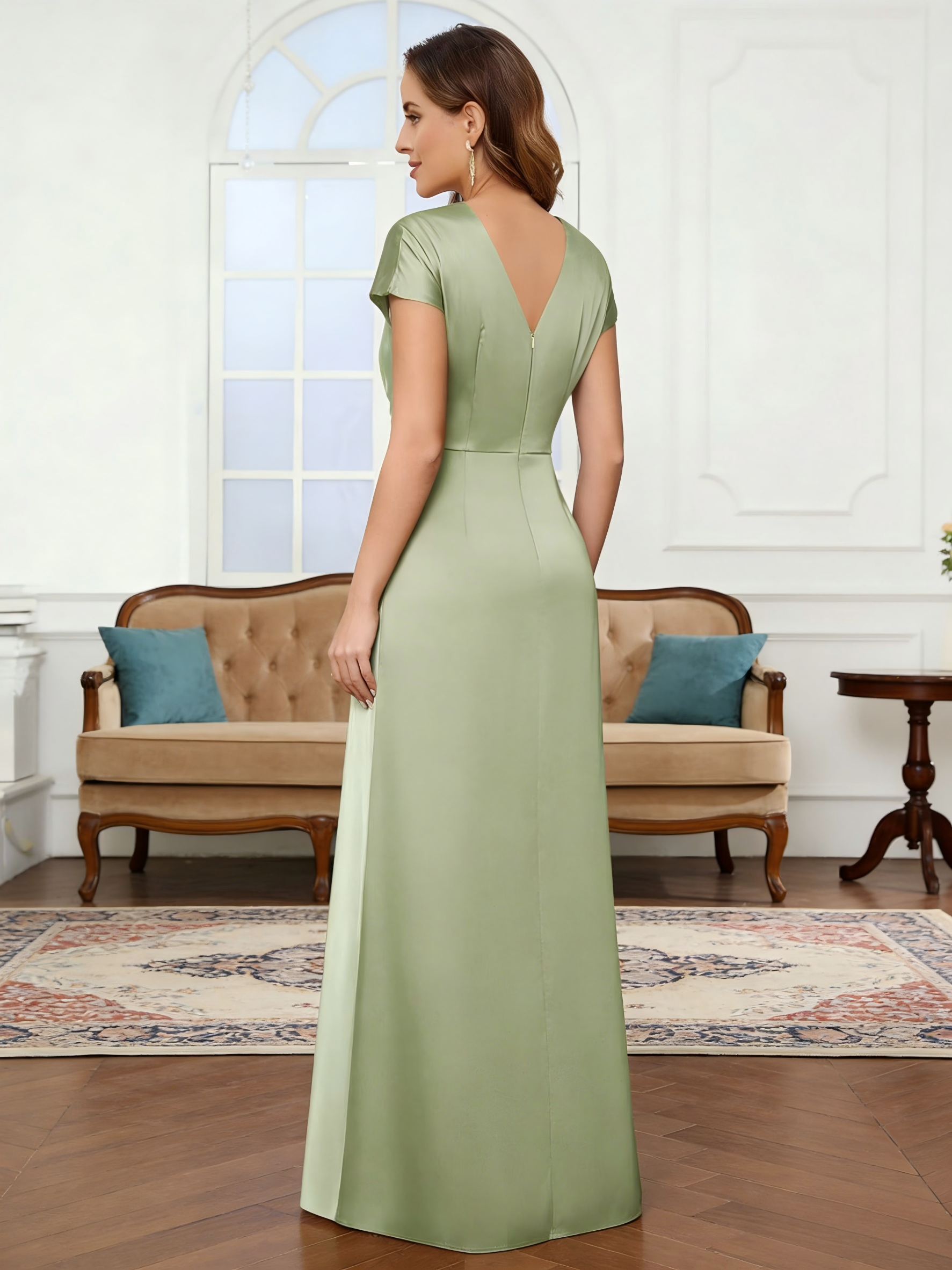 Bodycon V Neck Satin Cap Sleeves Mother of the Bride Dresses