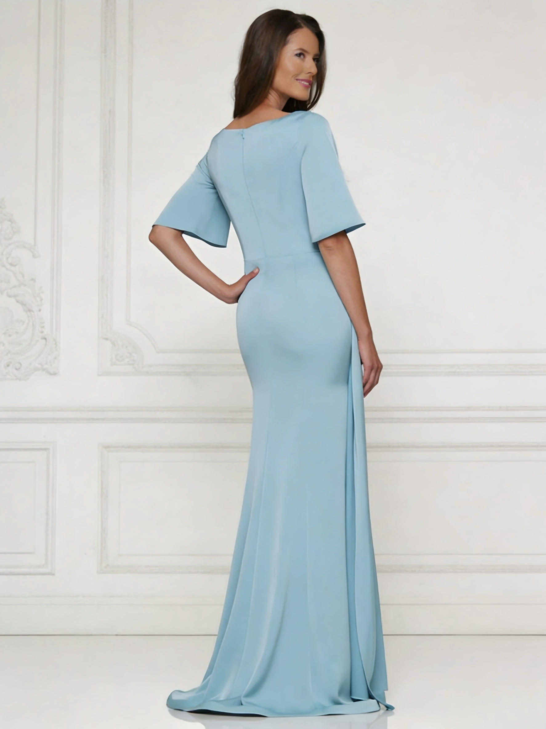 Mermaid V Neck Satin Short Sleeves Mother of the Bride Dresses