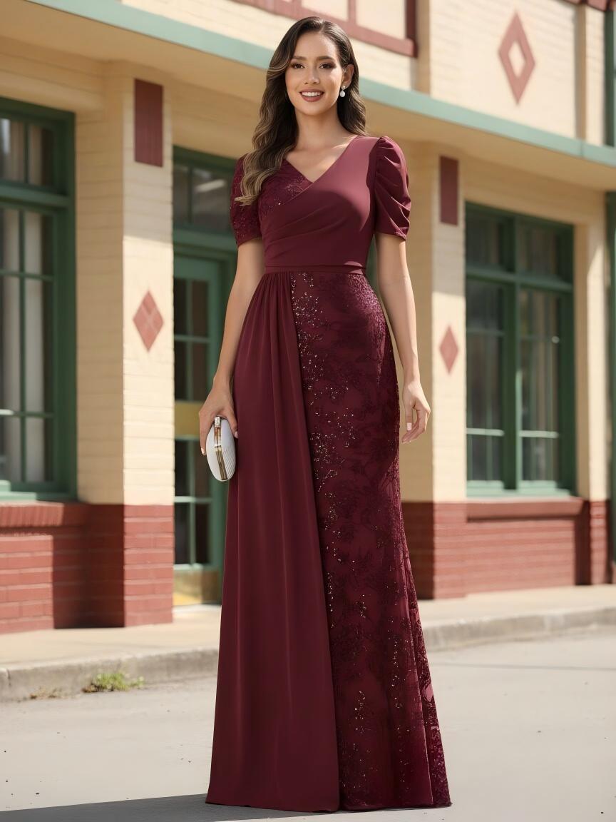A Line V Neck Chiffon Short Sleeves Mother of the Bride Dresses