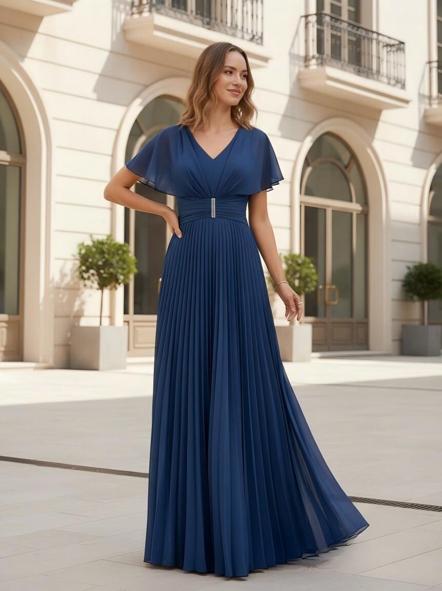 A Line V Neck Chiffon Pleated Mother of the Bride Dresses