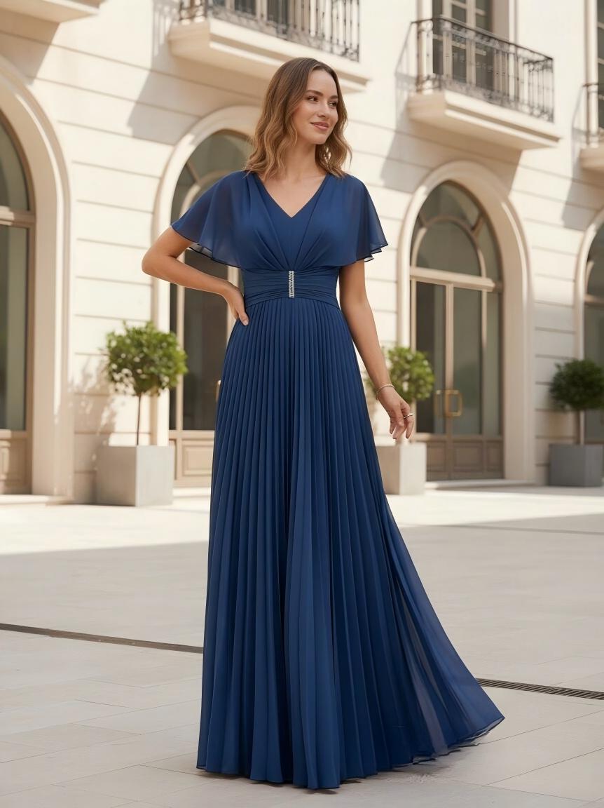 A Line V Neck Chiffon Pleated Mother of the Bride Dresses