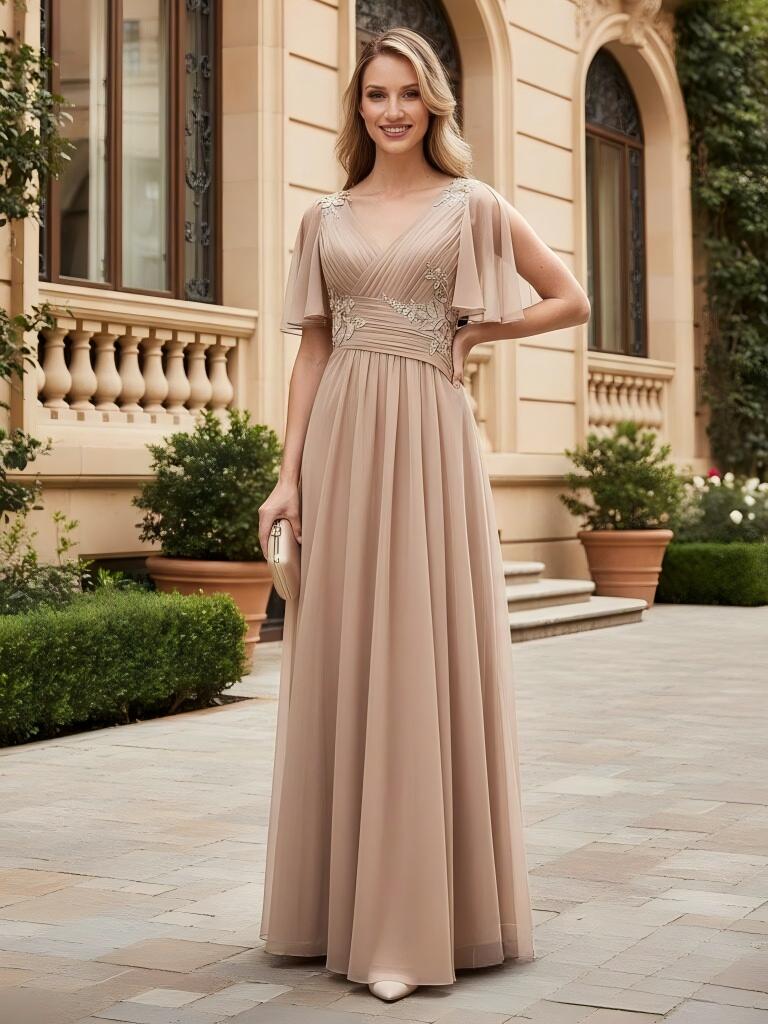 A Line V Neck Chiffon Applique Mother of the Bride Dresses