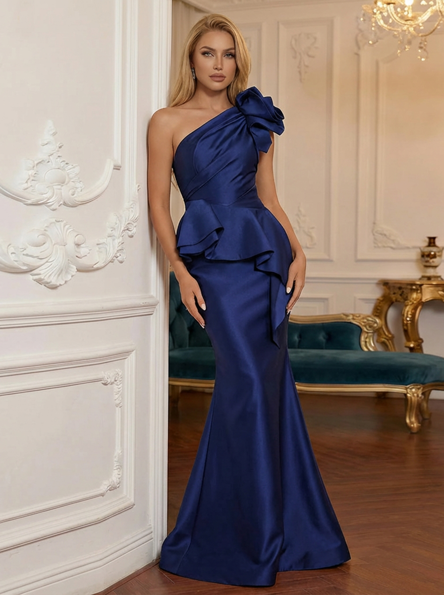 Satin Ruffles Mermaid One Shoulder Prom Dresses