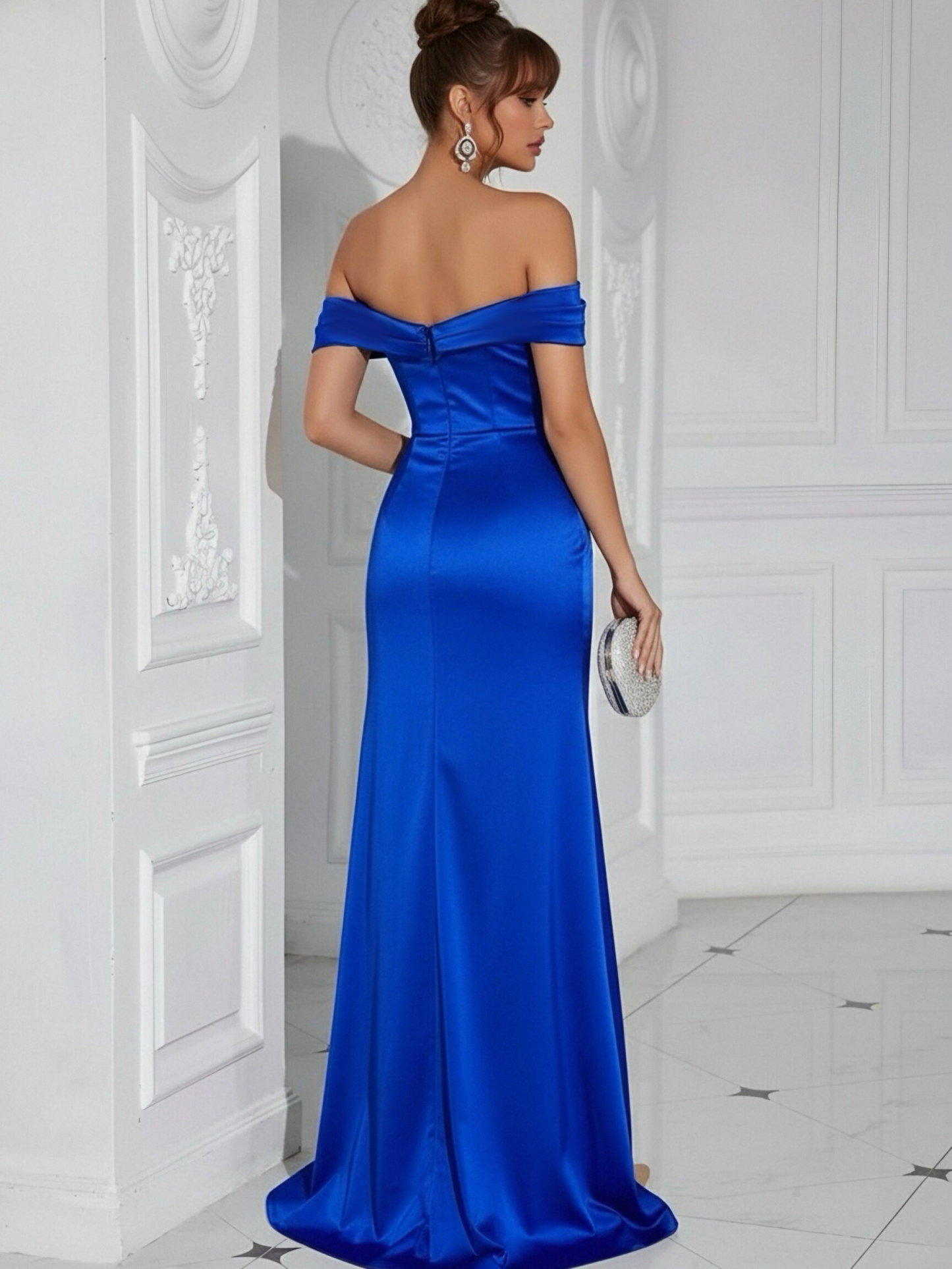 Satin Mermaid Off Shoulder Prom Dresses with Slit