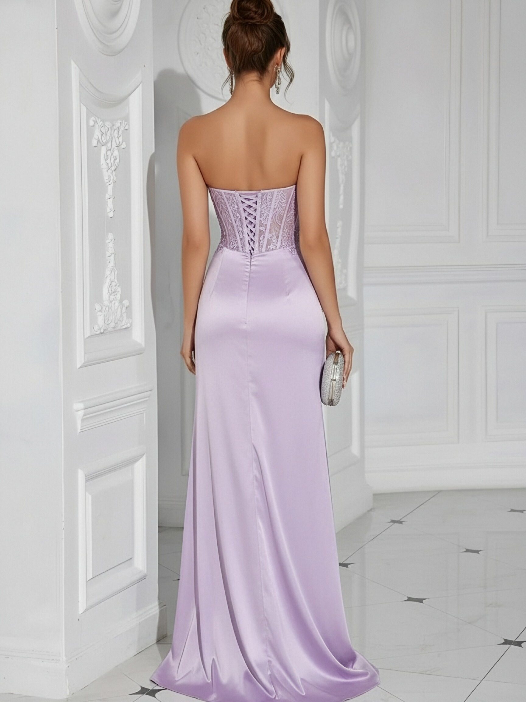 Strapless Mermaid Satin Applique Prom Dresses with Slit