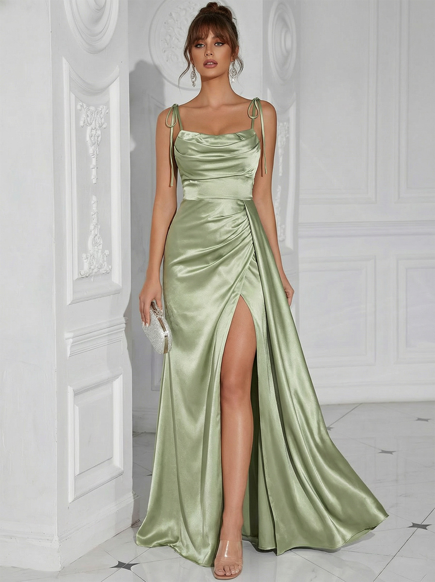 Spaghetti Straps Mermaid Satin Cowl Neck Prom Dresses with Slit