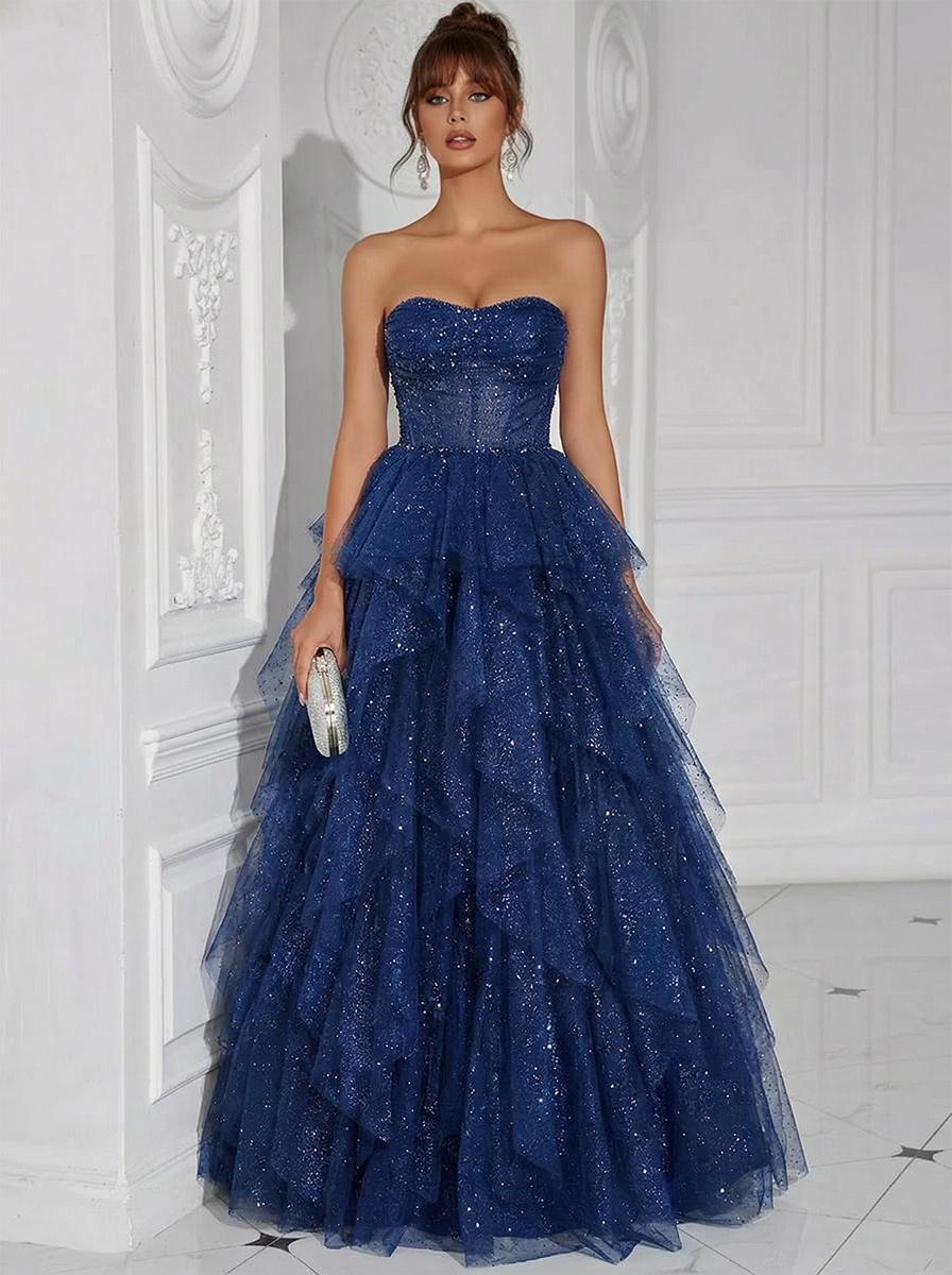 Glitter Tulle A Line Strapless Tiered Prom Dresses