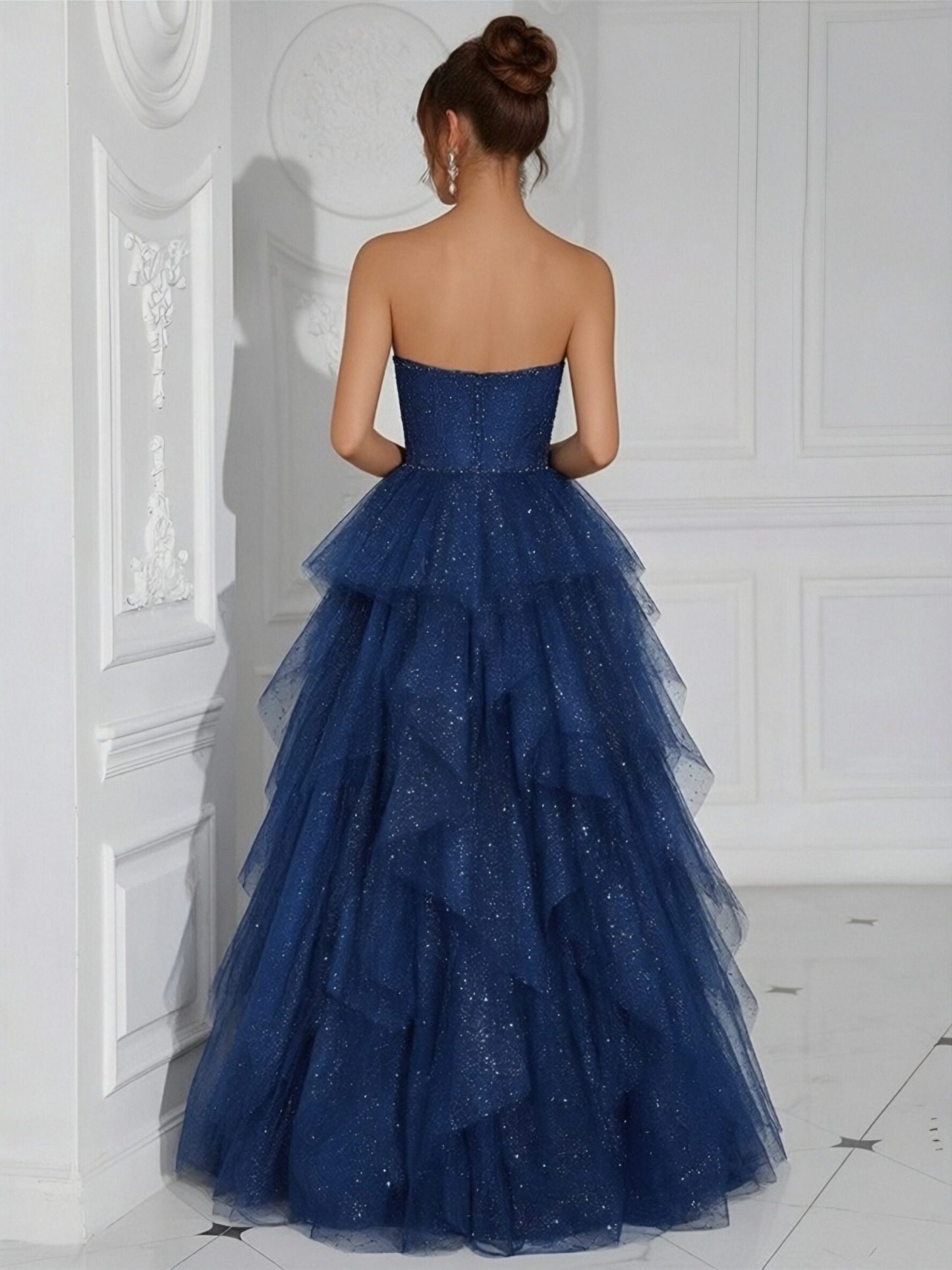 Glitter Tulle A Line Strapless Tiered Prom Dresses