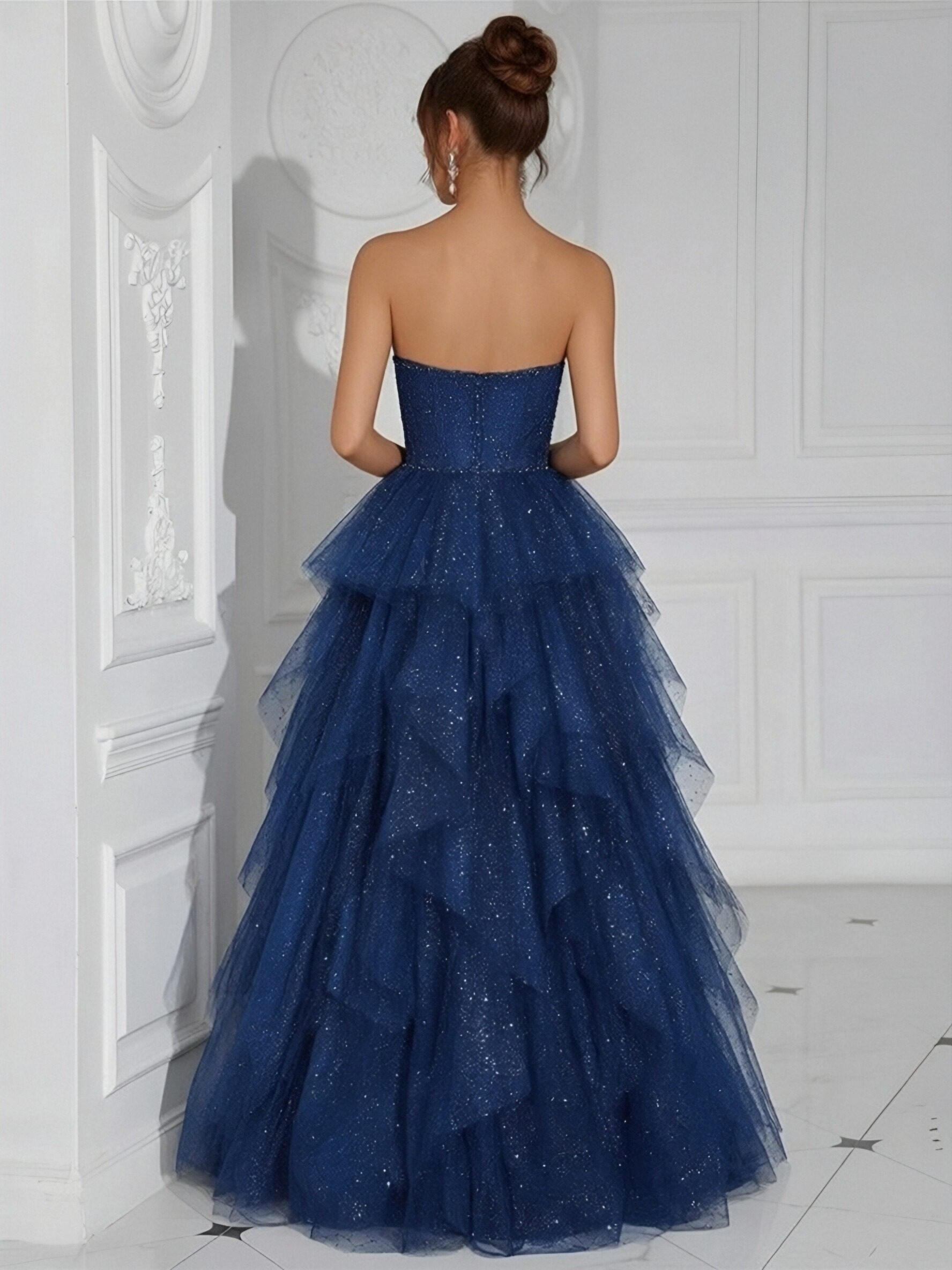 Glitter Tulle A Line Strapless Tiered Prom Dresses