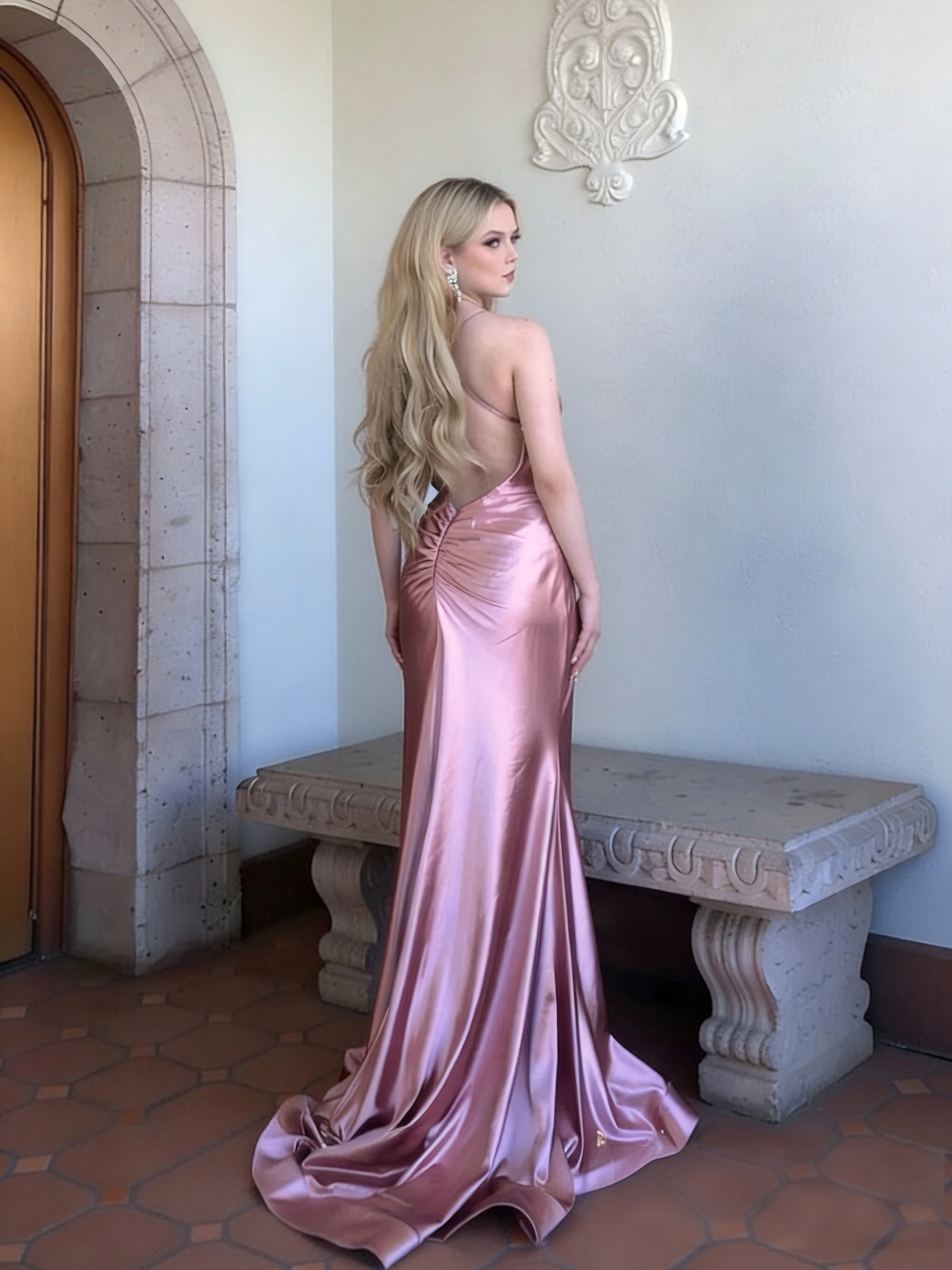 Satin Mermaid Spaghetti Straps Pleated Prom Dresses