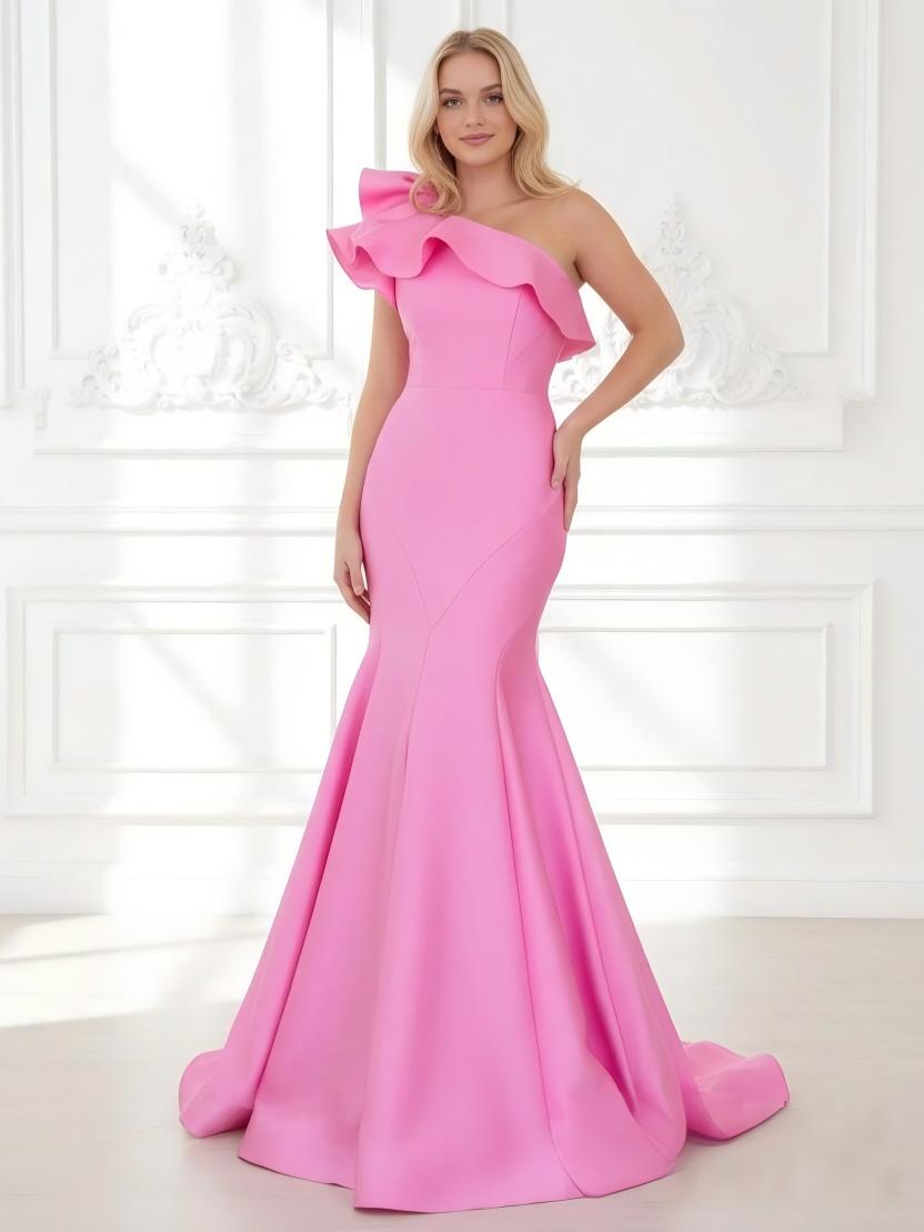 Satin Mermaid One Shoulder Ruffles Prom Dresses