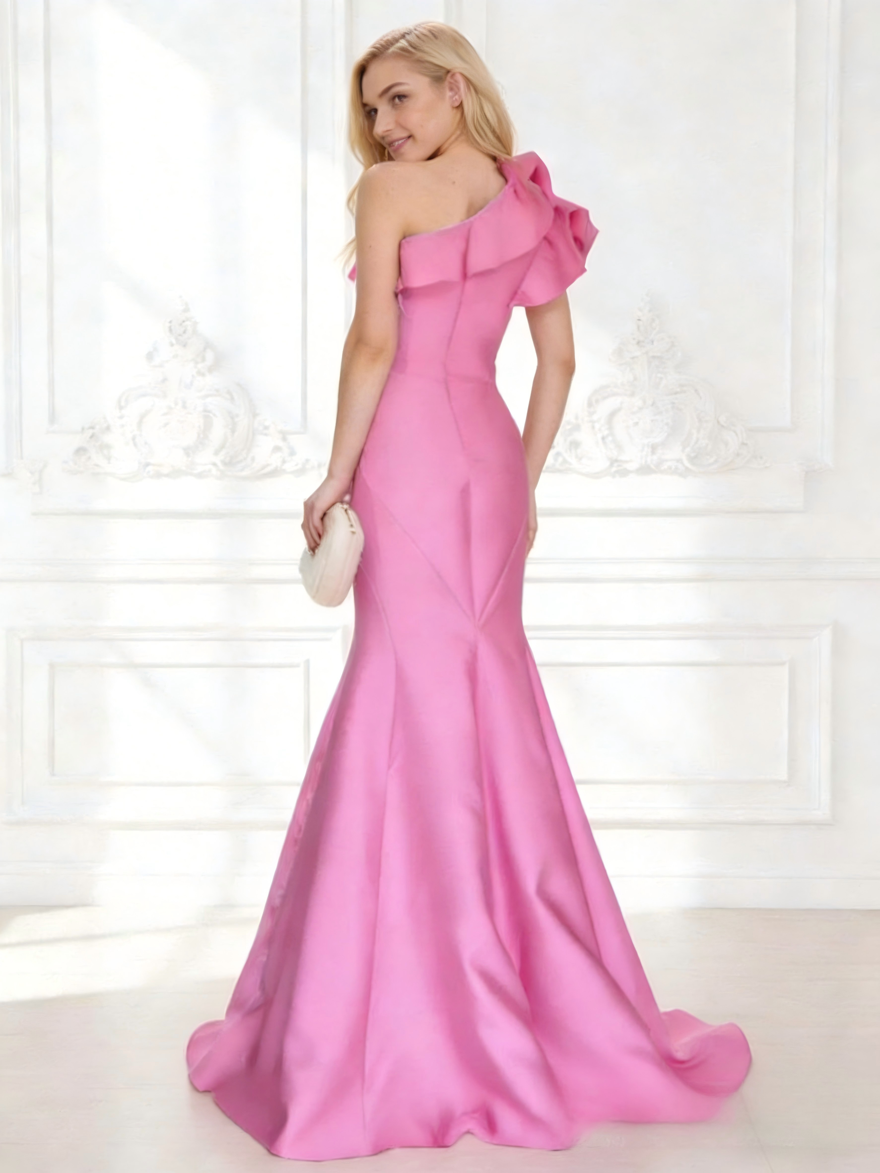 Satin Mermaid One Shoulder Ruffles Prom Dresses